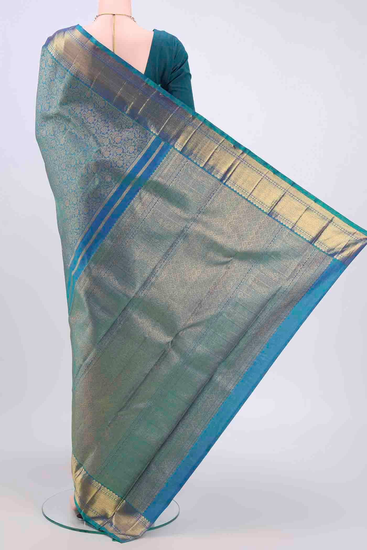 Pure Silk Pure Zari Peacock Blue Kanjivaram Saree - Image 3