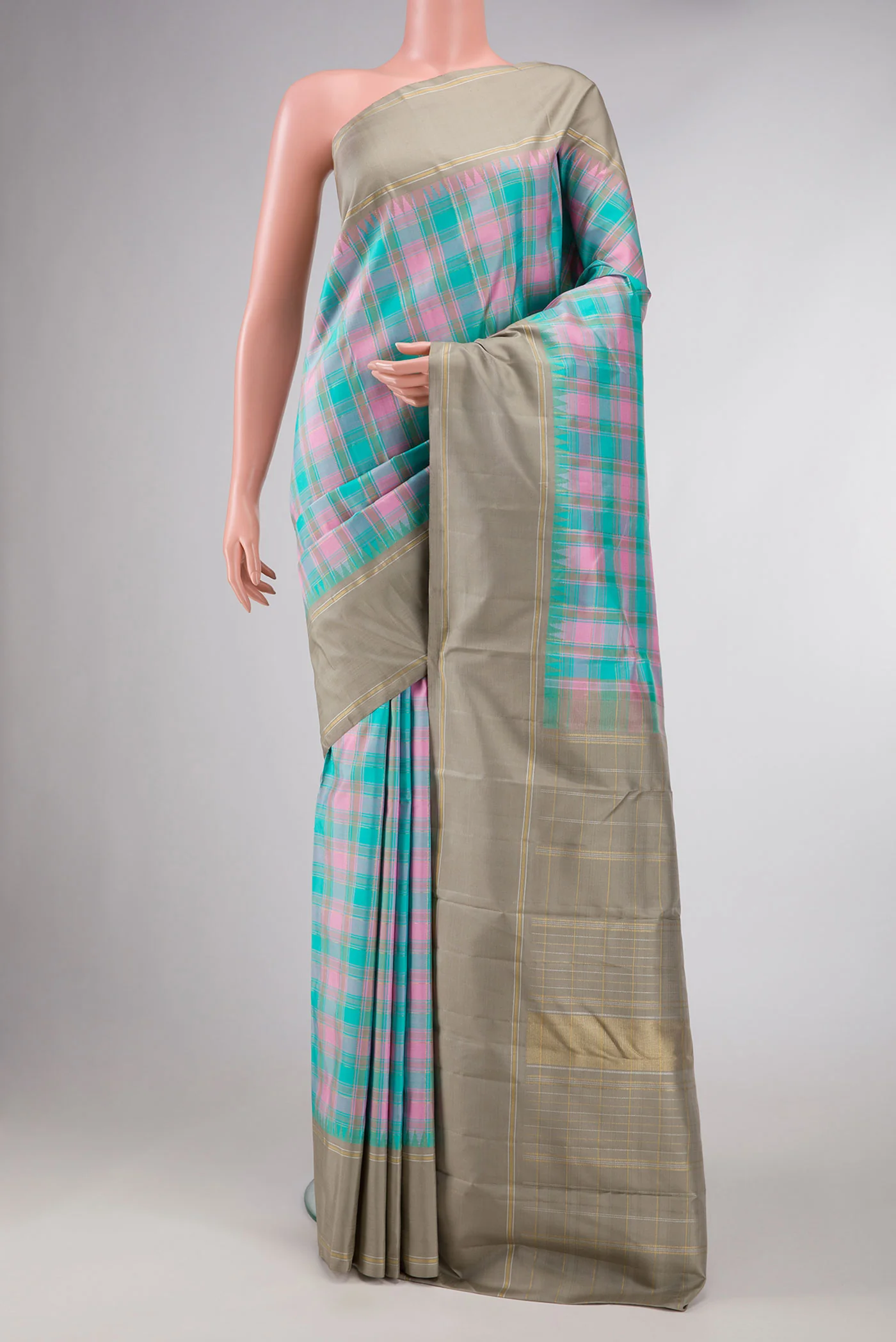 Pure Silk Pure Zari Sky Blue, Pink and Grey Color Kanjivaram Saree