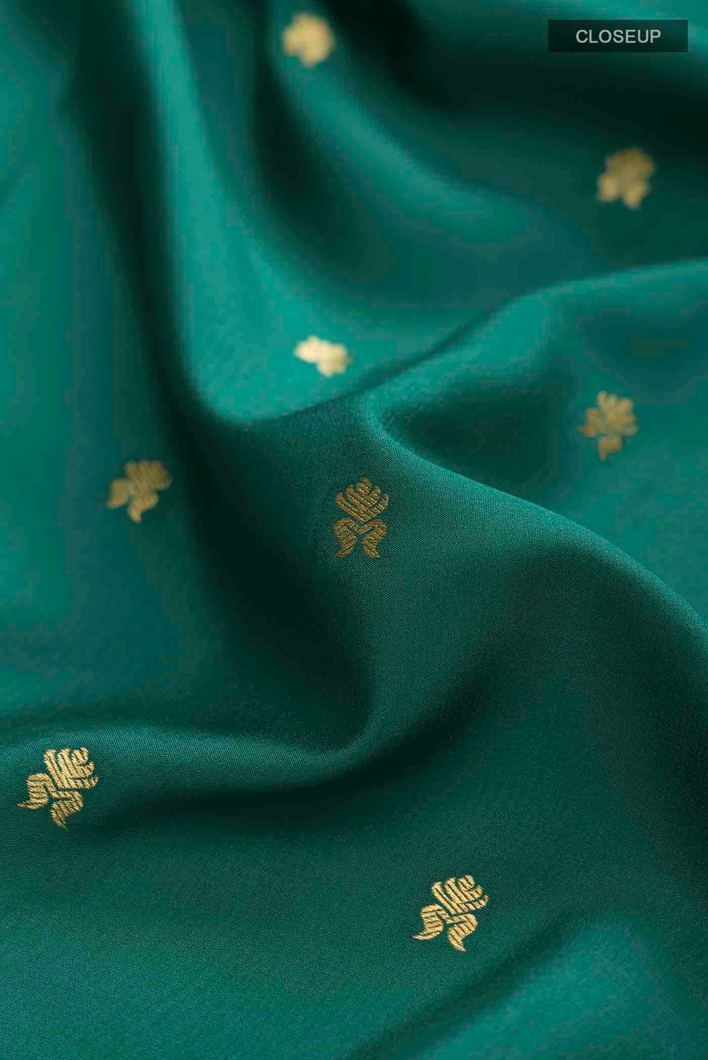 Pure Silk Pure Zari Teal Mysore Crepe Saree - Image 2