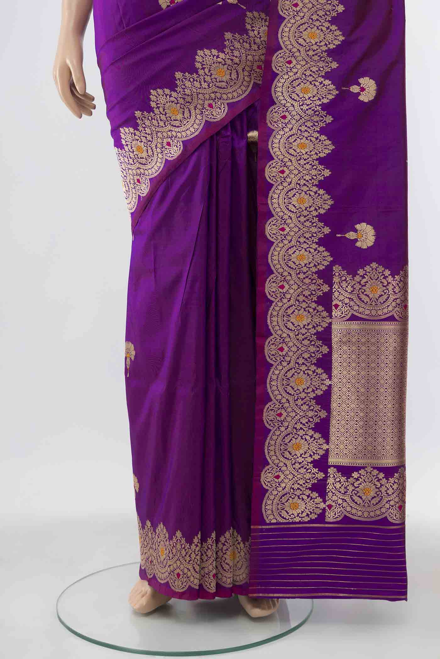 Pure Silk Pure Zari Violet Banarasi Katan Saree - Image 3