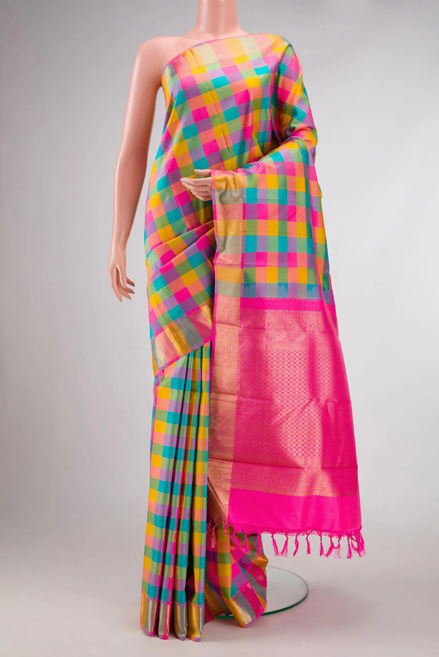 Pure Silk Pure Zari Yellow, Pink and Green Color Kanchipuram Saree