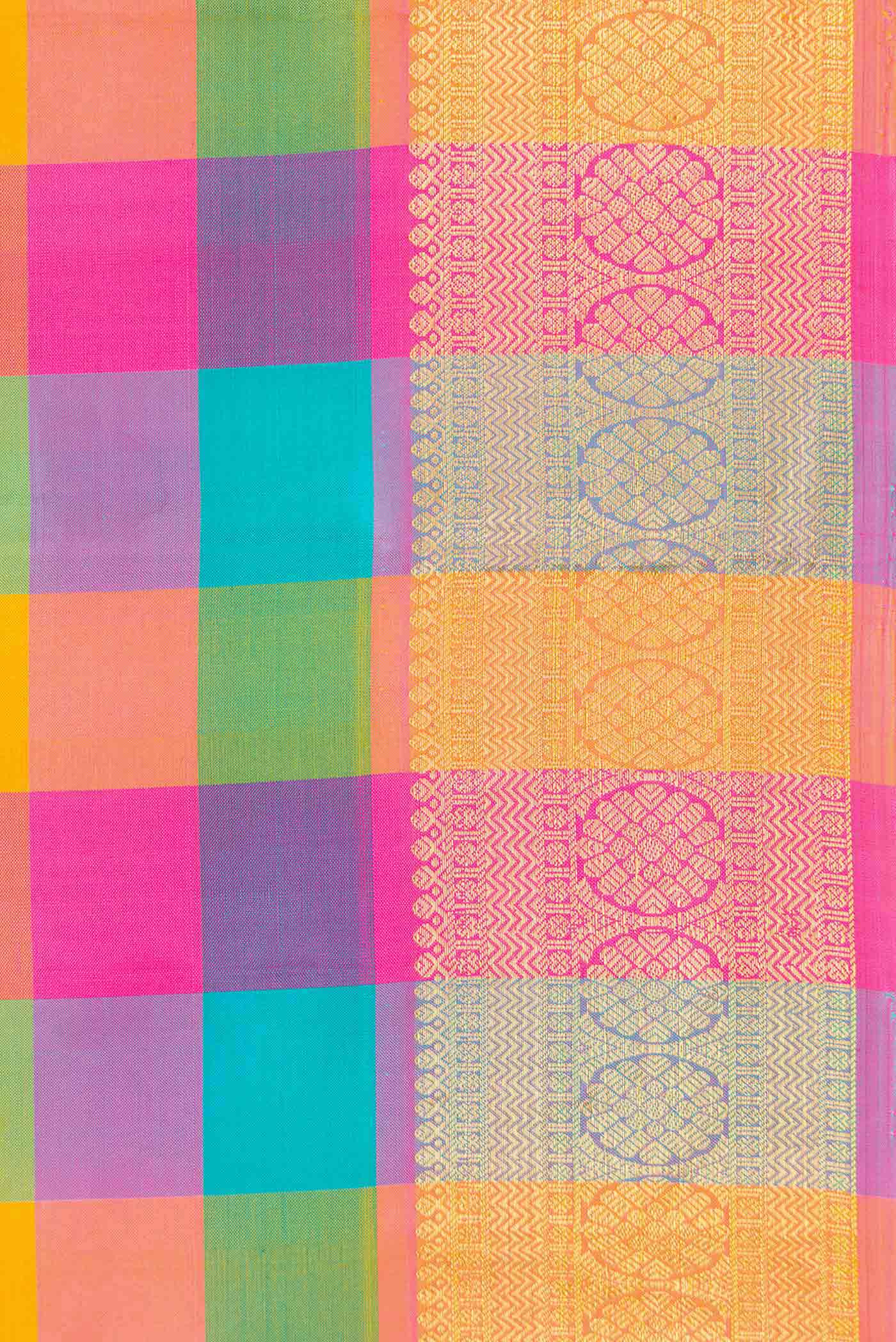 Pure Silk Pure Zari Yellow, Pink and Green Color Kanchipuram Saree - Image 3