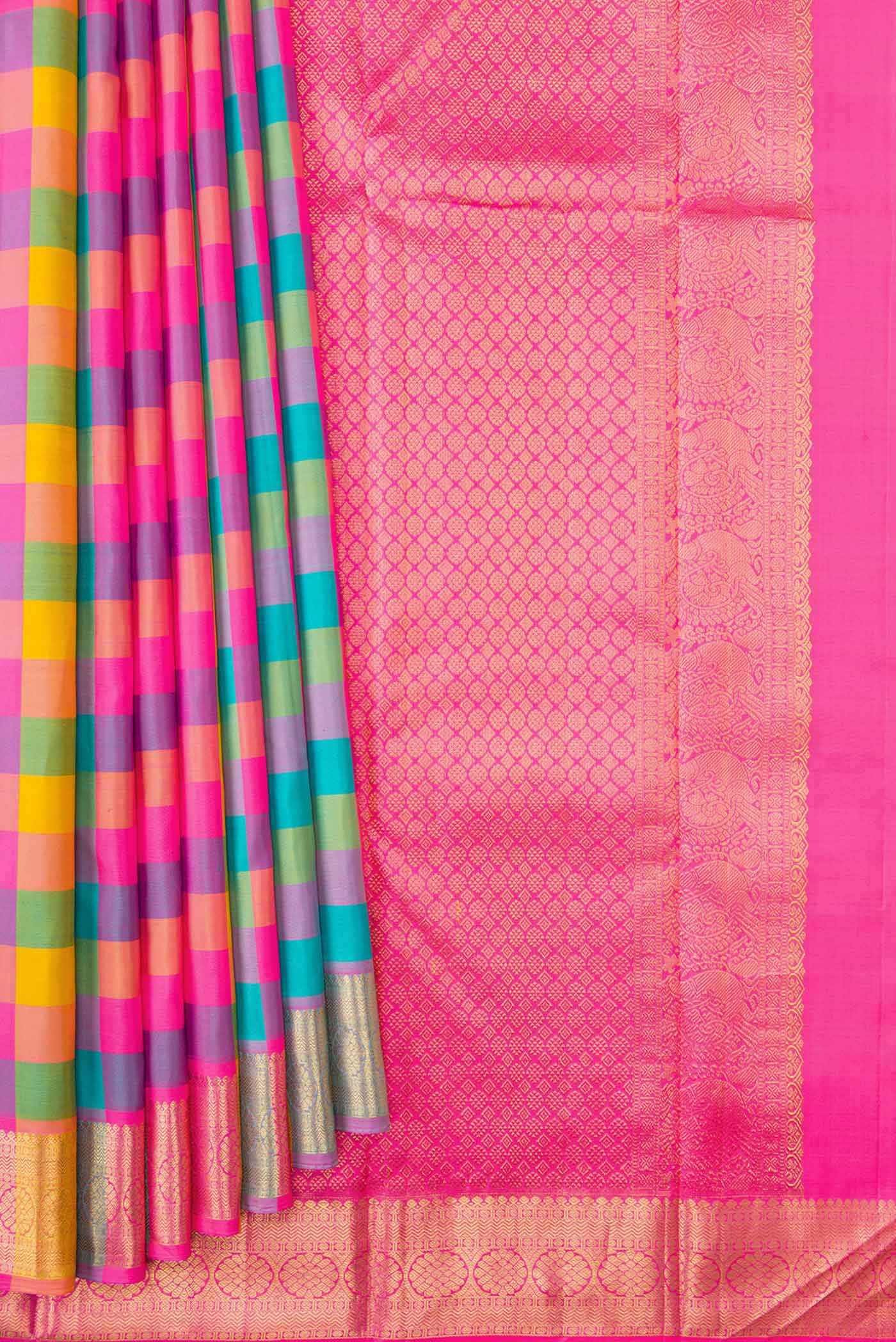 Pure Silk Pure Zari Yellow, Pink and Green Color Kanchipuram Saree - Image 4