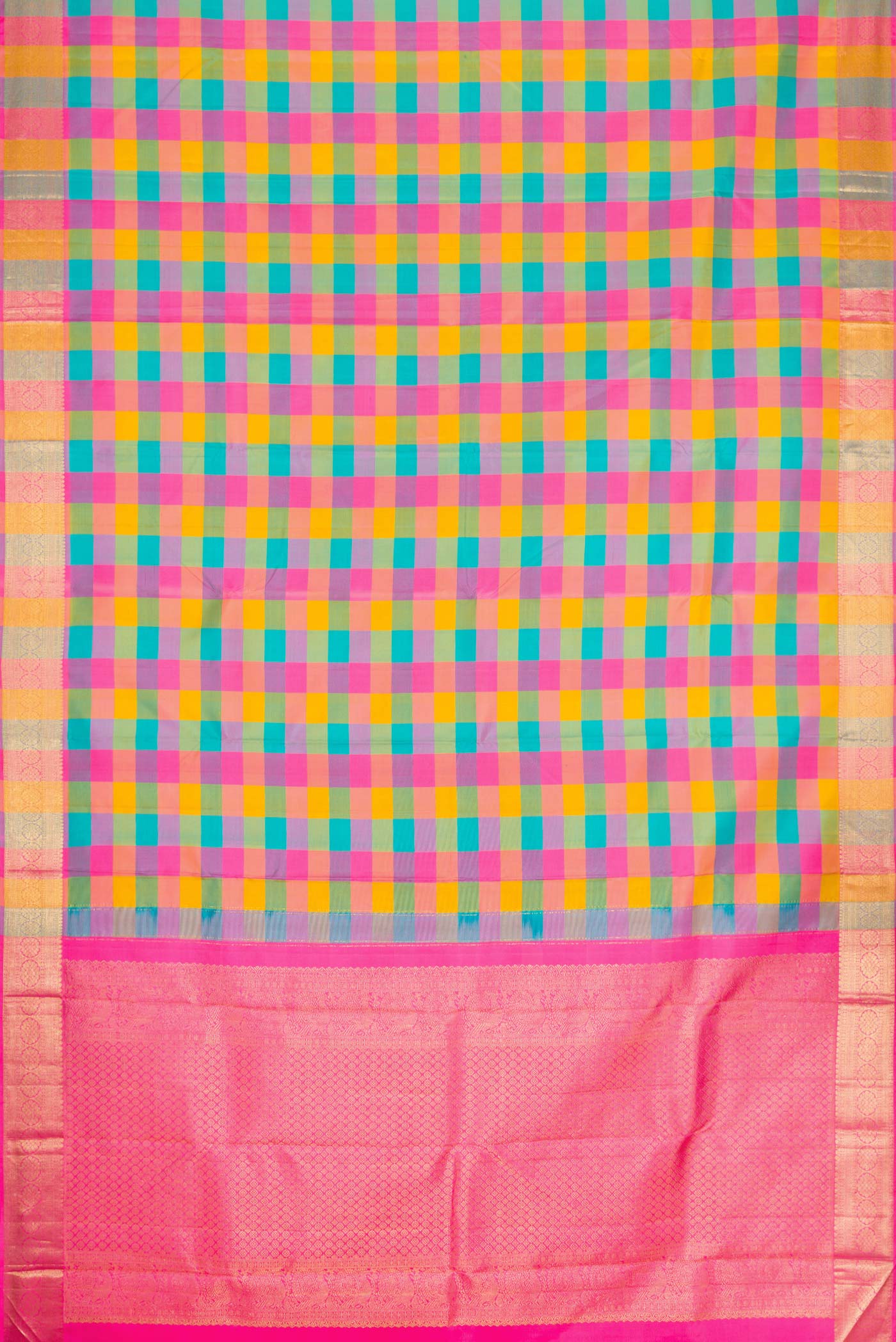 Pure Silk Pure Zari Yellow, Pink and Green Color Kanchipuram Saree - Image 6