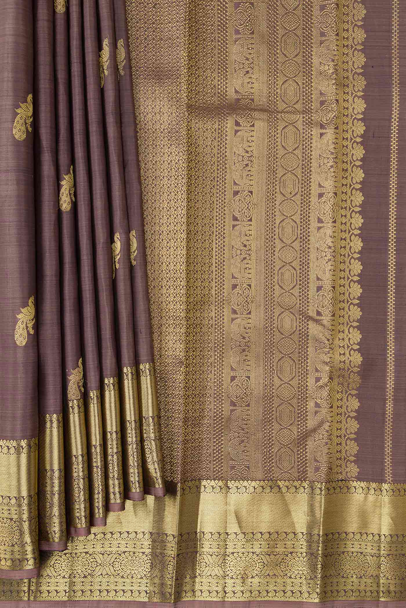 Grey with Brown Color Kanchipuram Silk Saree - Image 4