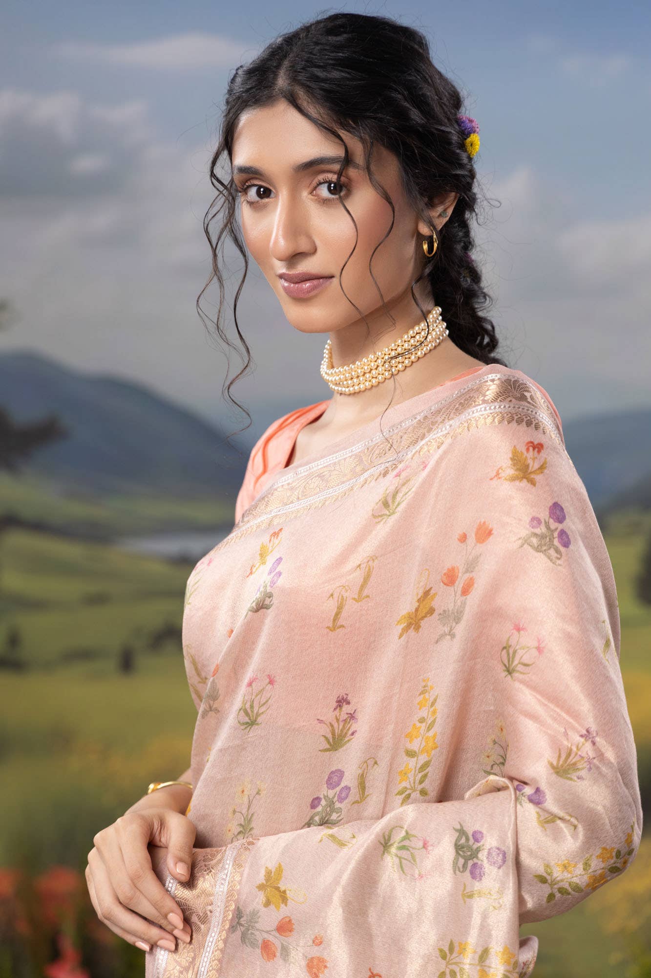 Radiant Pearl-Pastel pink Cotton Tissue Saree - Image 2