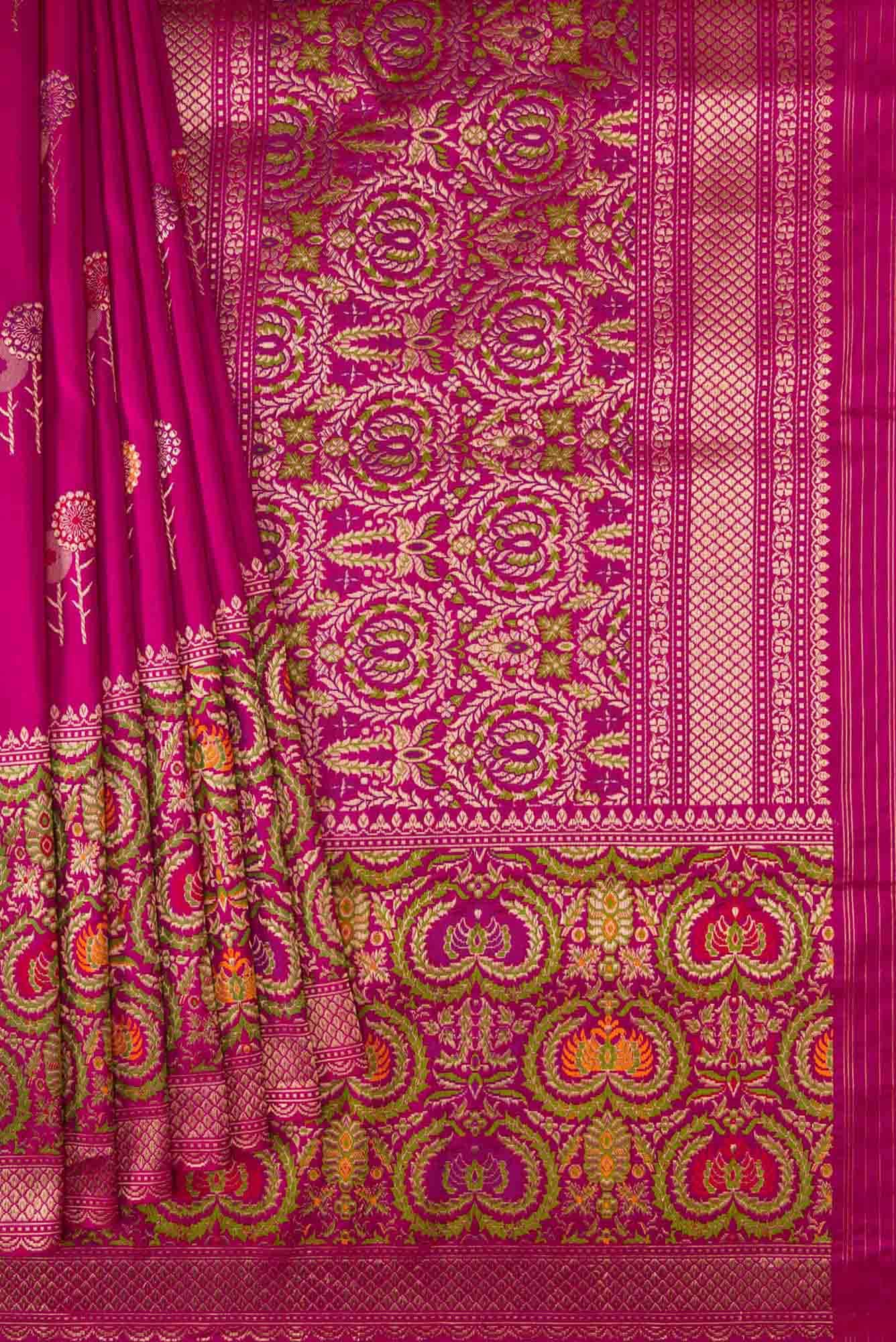 Pure Silk Pure Zari Rani Pink Dual Tone Banarasi Saree - Image 2