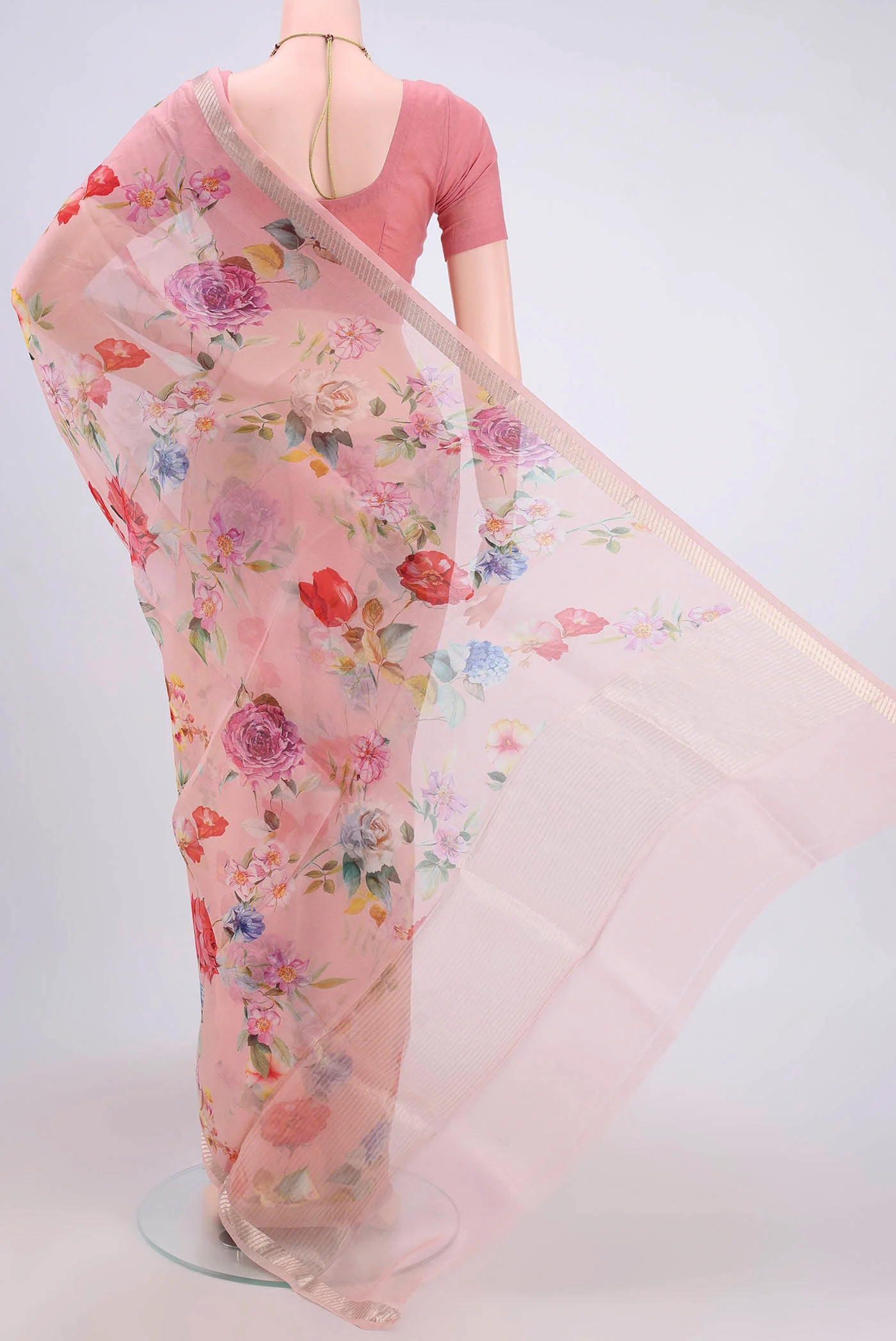 Rose pink Organza Silk Saree - Image 3