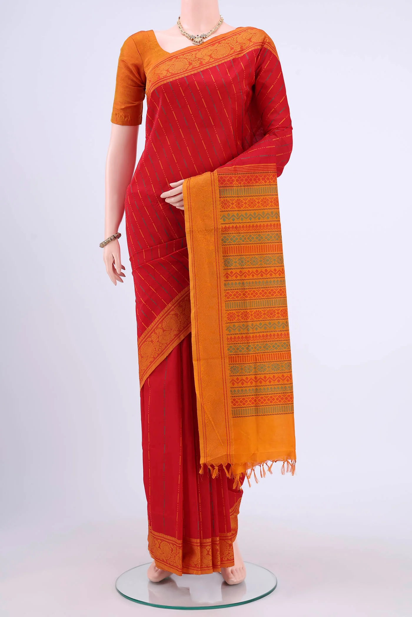 Red Blended Poly Cotton Saree