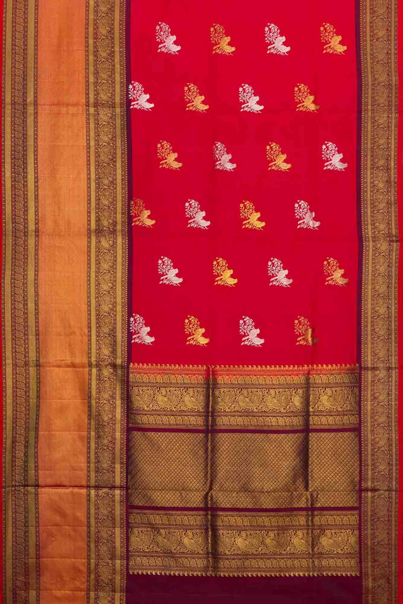 Pure Silk Pure Zari Red Dual Tone Double Ikat Saree - Image 4