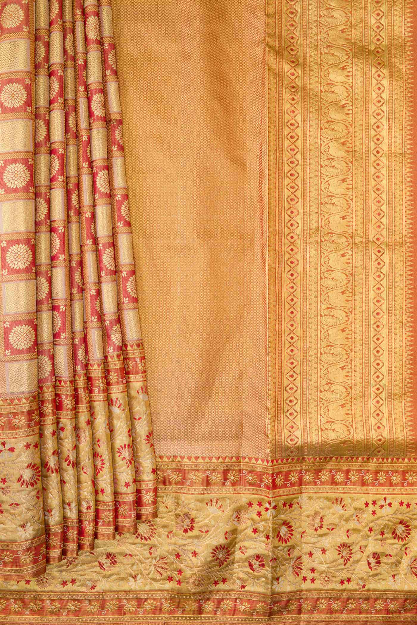 Gold with Red Color Kanchipuram Tissue Silk Saree - Image 4