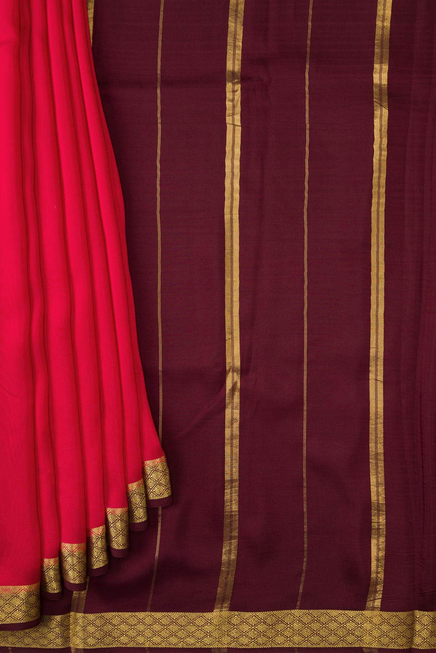 Pure Silk Pure Zari Red Dual Tone Mysore Crepe Saree - Image 2