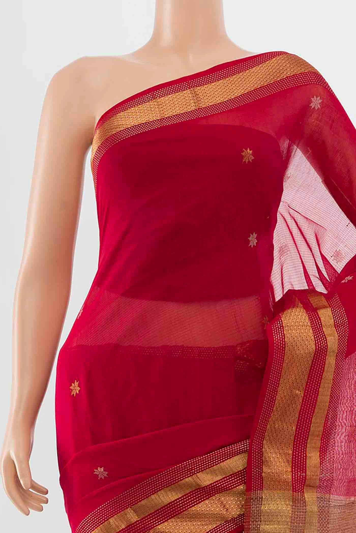 Red Maheshwari Silk Cotton Saree - Image 2