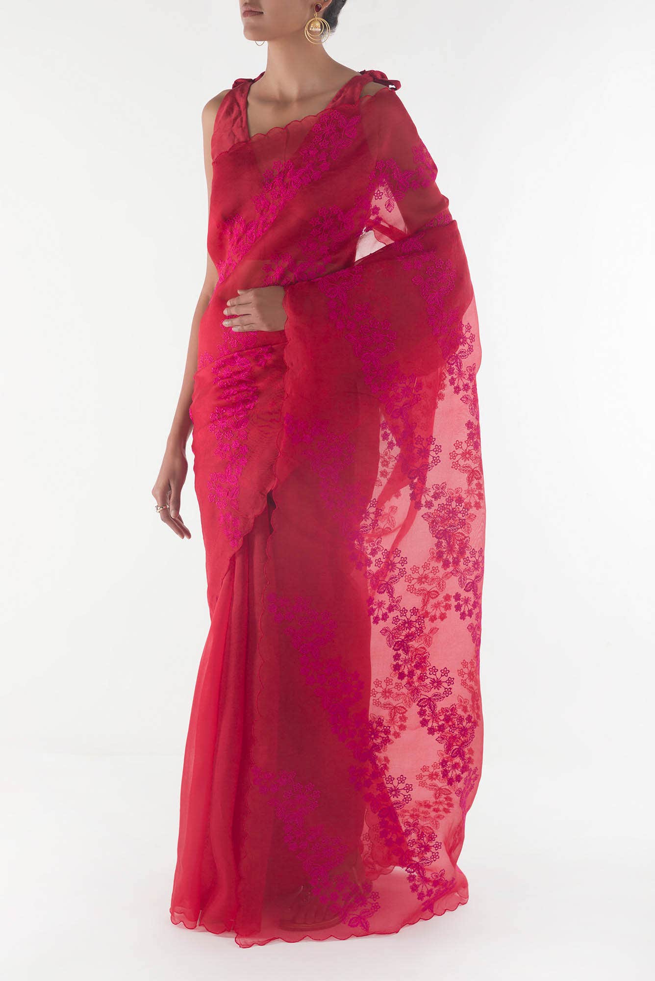 Bella Red floral design saree from Embroidered Romance Collection by Nalli - Image 3