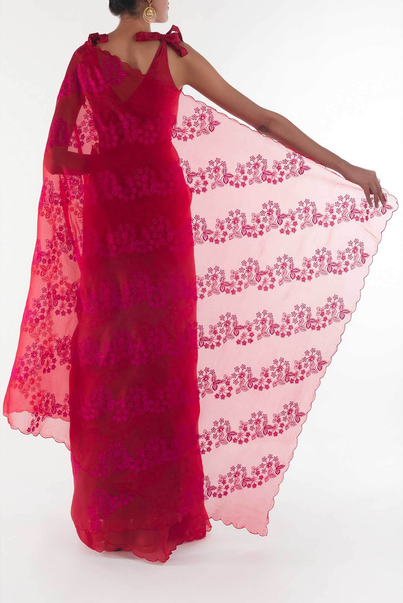 Bella Red floral design saree from Embroidered Romance Collection by Nalli - Image 4