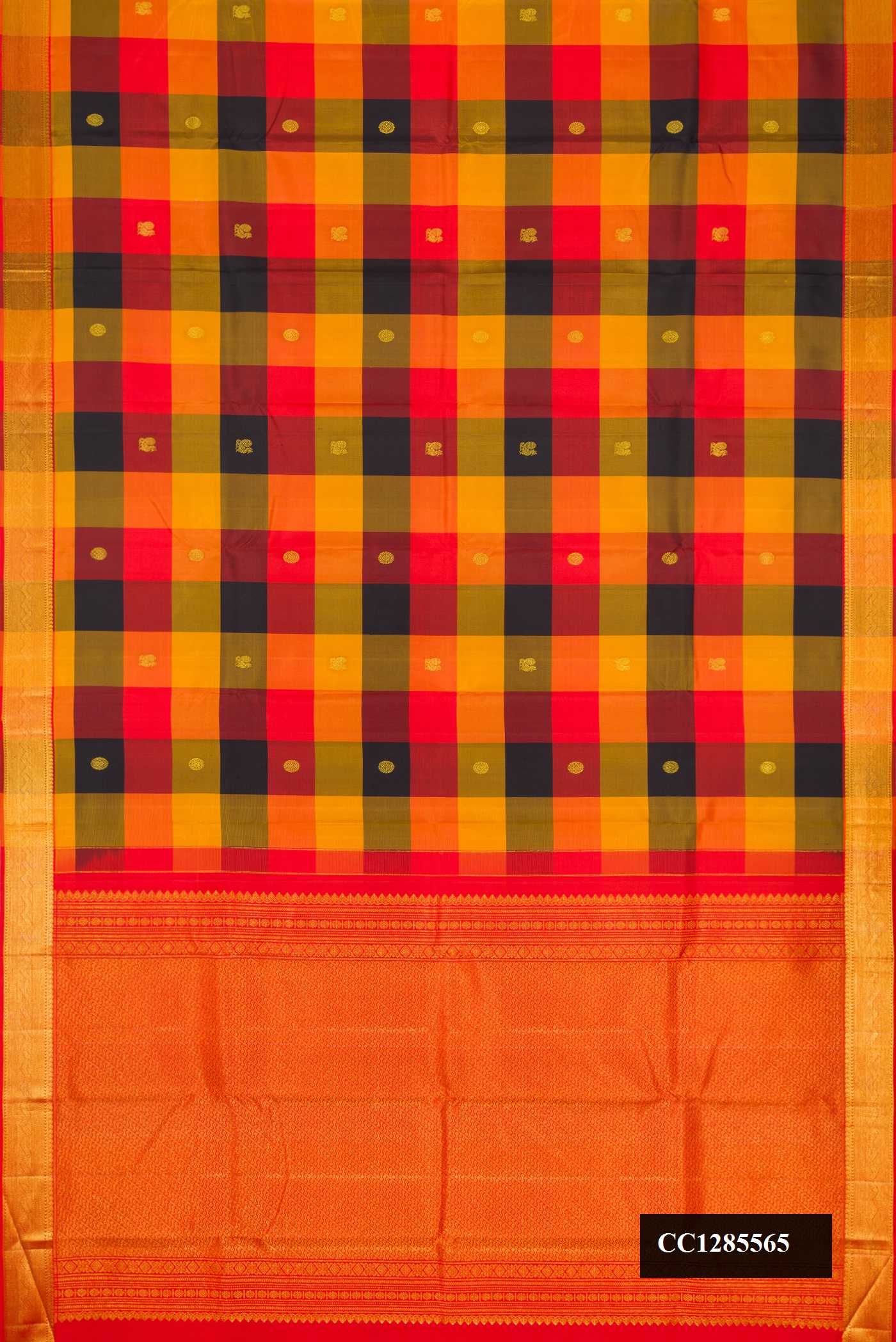 Red , Yellow and Navy Blue Dual Tone Kanchipuram Silk Saree