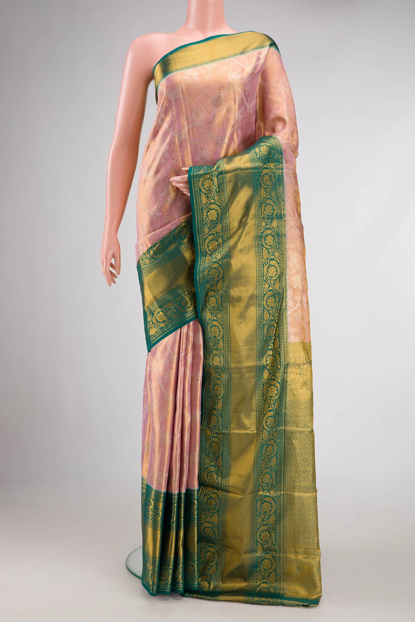Rose Gold Dual Tone Kanchipuram Tissue Silk Saree