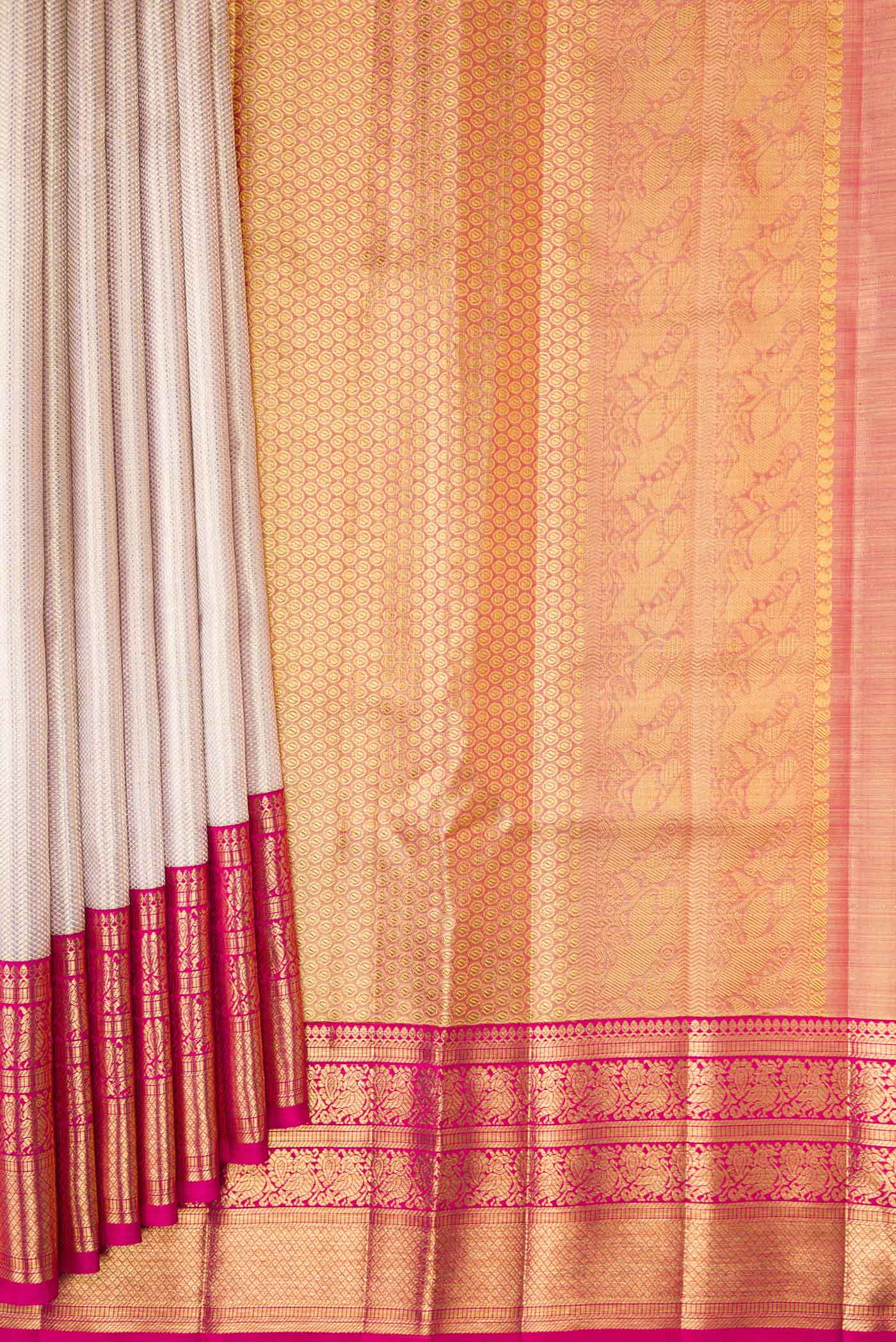 Cream with Rose Gold Color Kanjivaram Tissue Silk Saree - Image 4