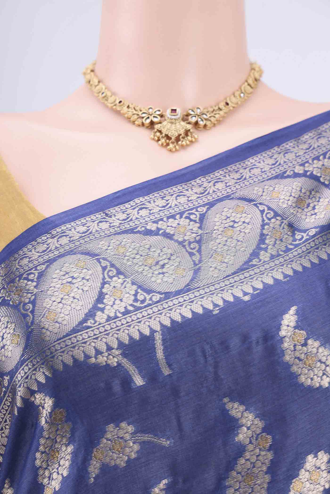 Electric Blue Banarasi Tussar Silk Saree - Image 2