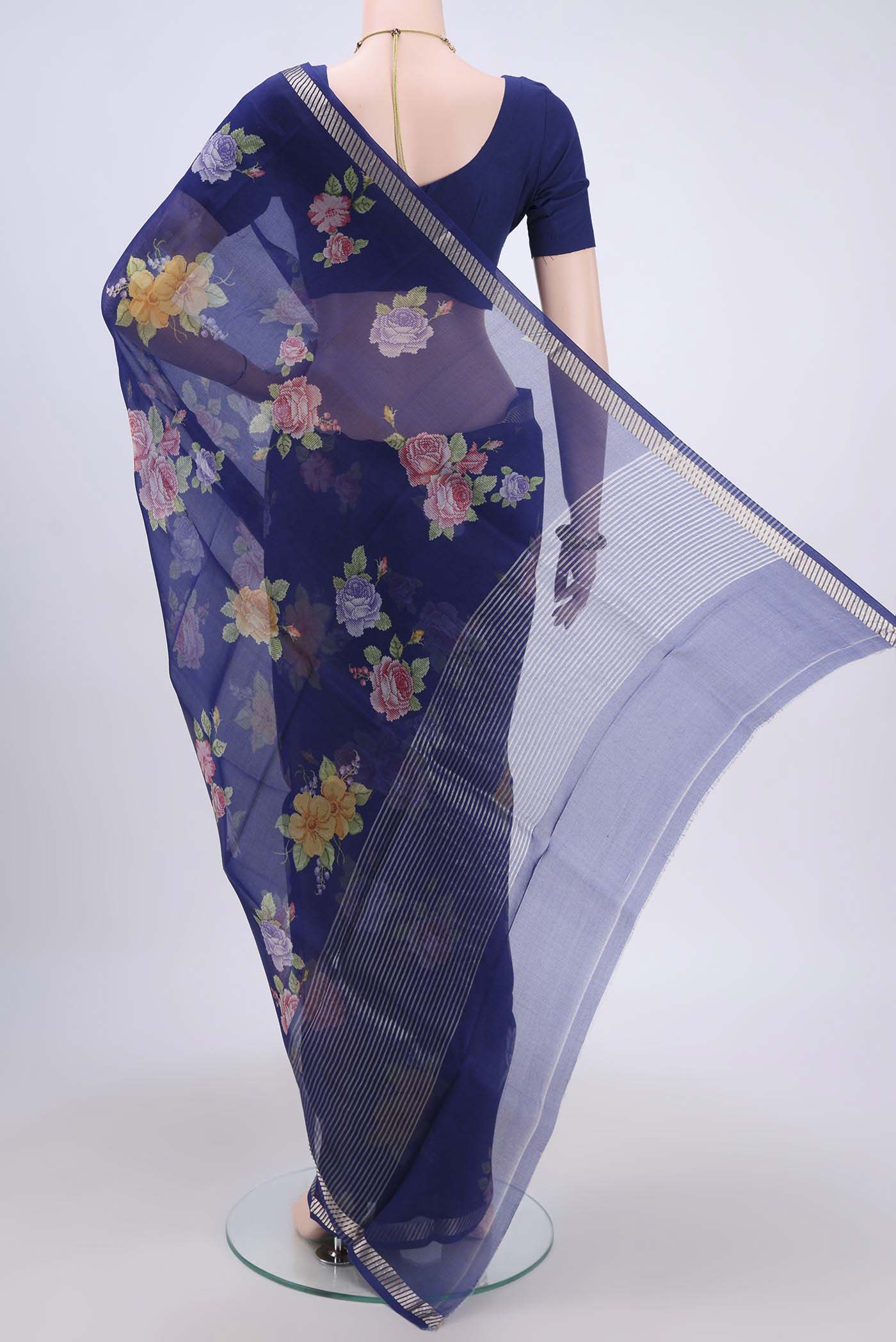 Dark Blue Organza Silk Saree - Image 3