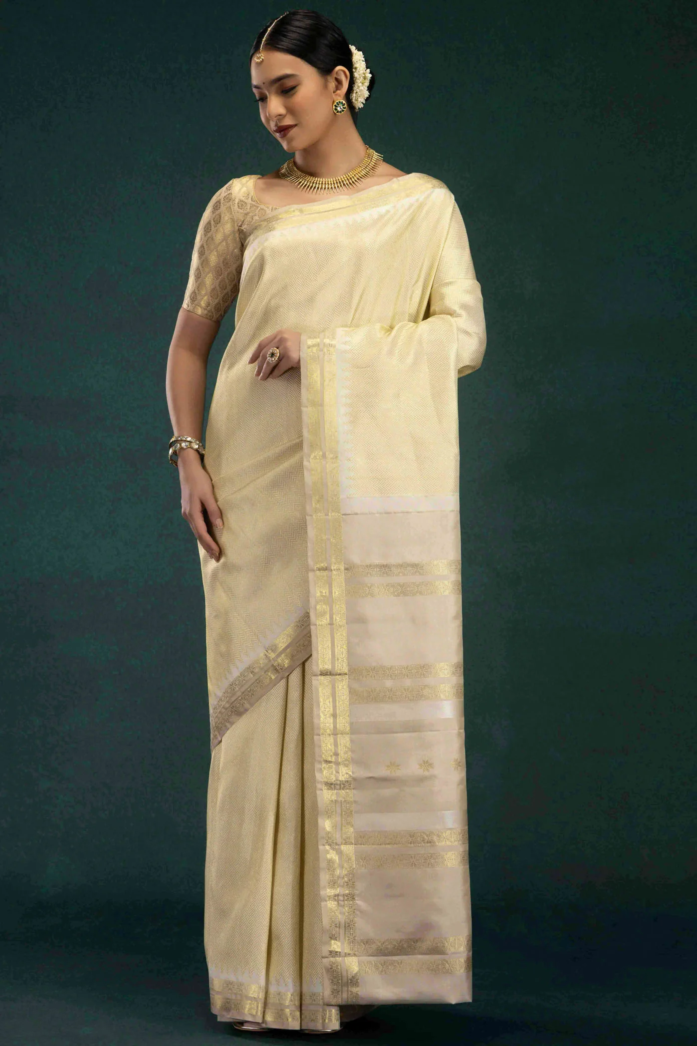Rukmini-Off White Kanchipuram Silk Saree - Image 2