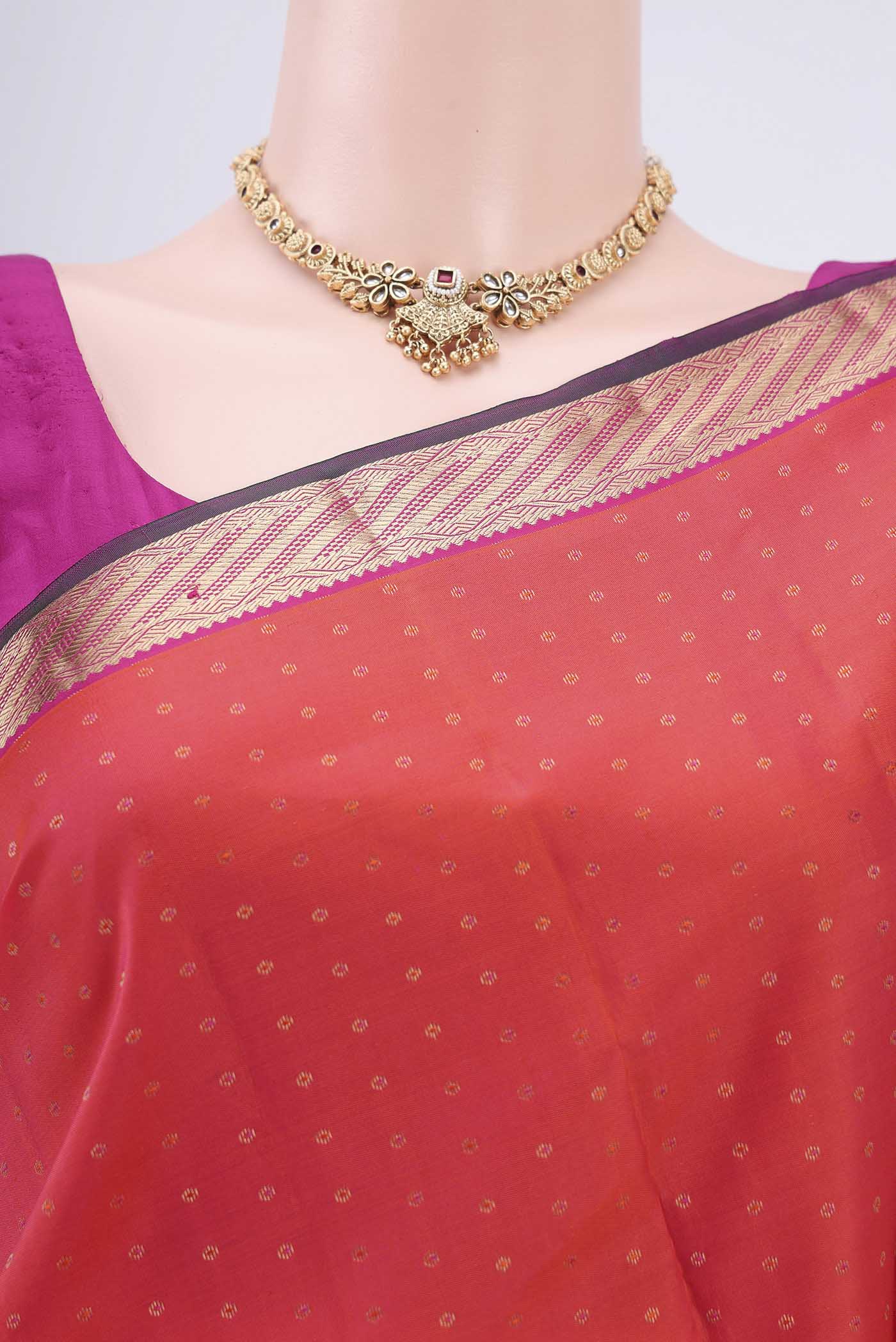 Orange with Pink Color Kanchipuram Silk Saree - Image 2