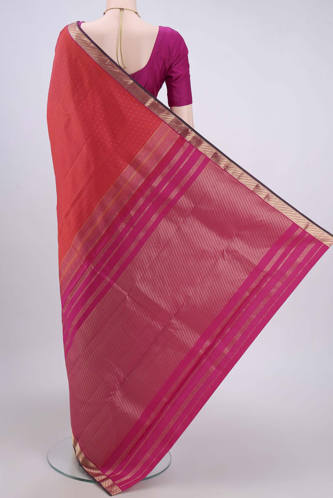 Orange with Pink Color Kanchipuram Silk Saree - Image 3