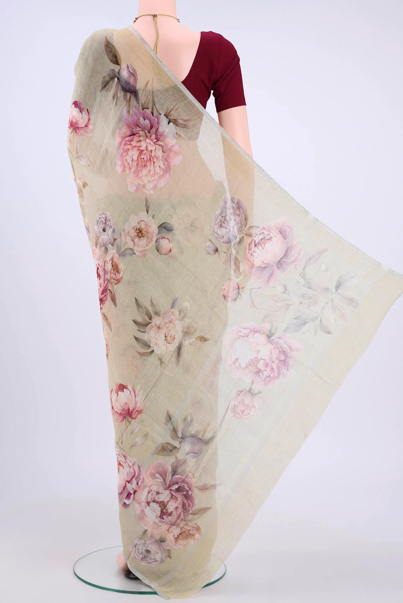 Sage Green Linen Saree - Image 3