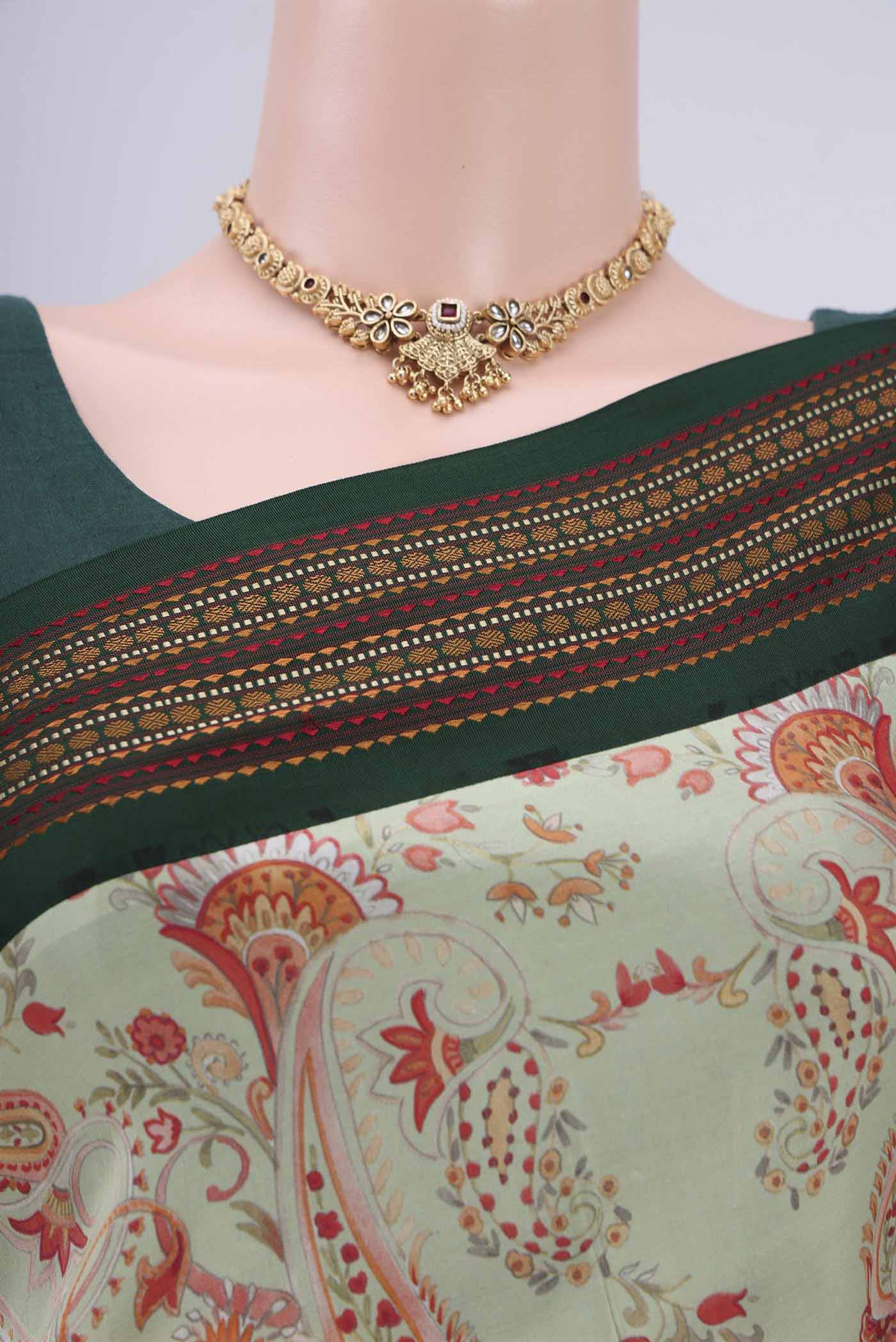 Light Green Printed Silk Saree - Image 2