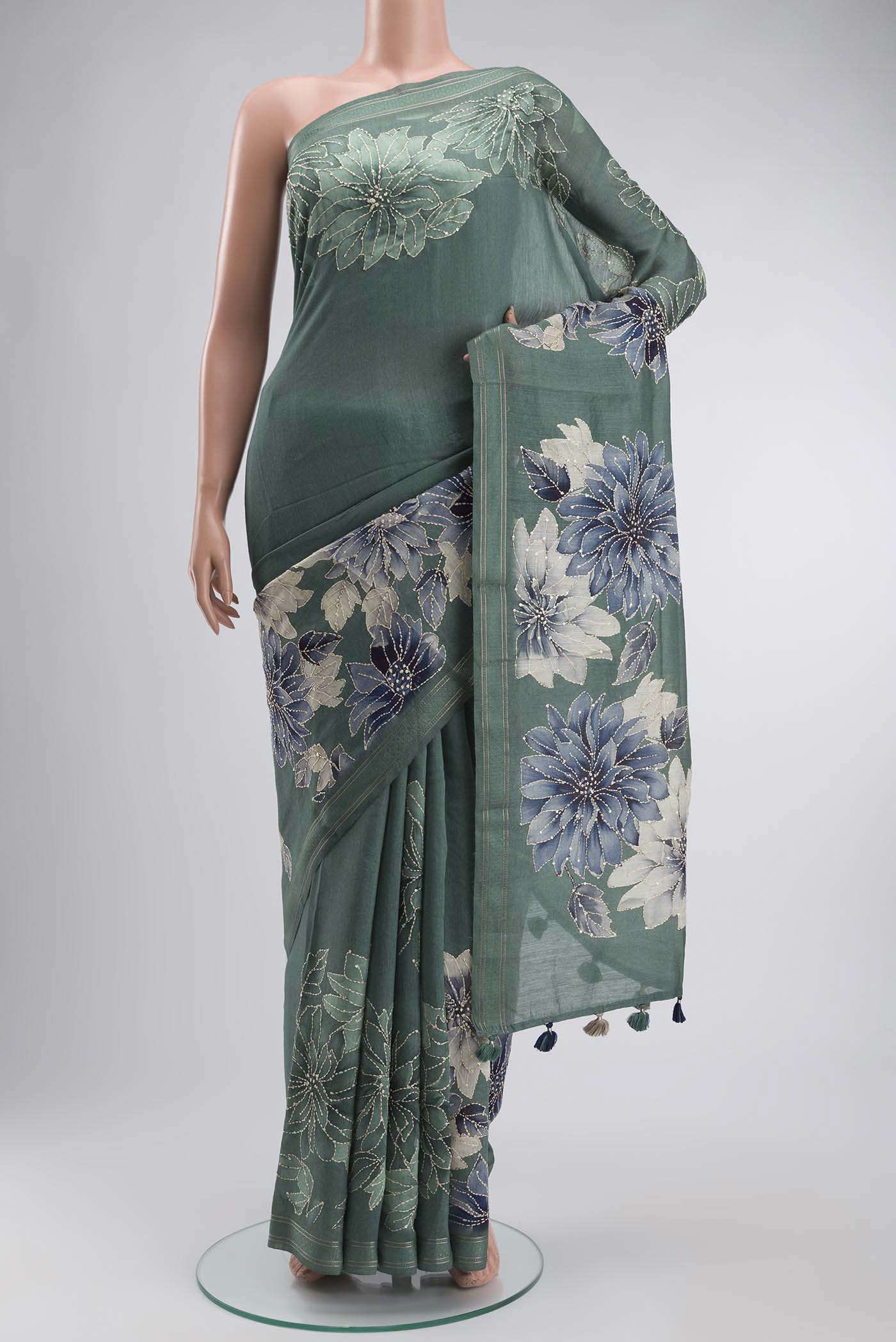 Sage Green Tussar Silk Saree