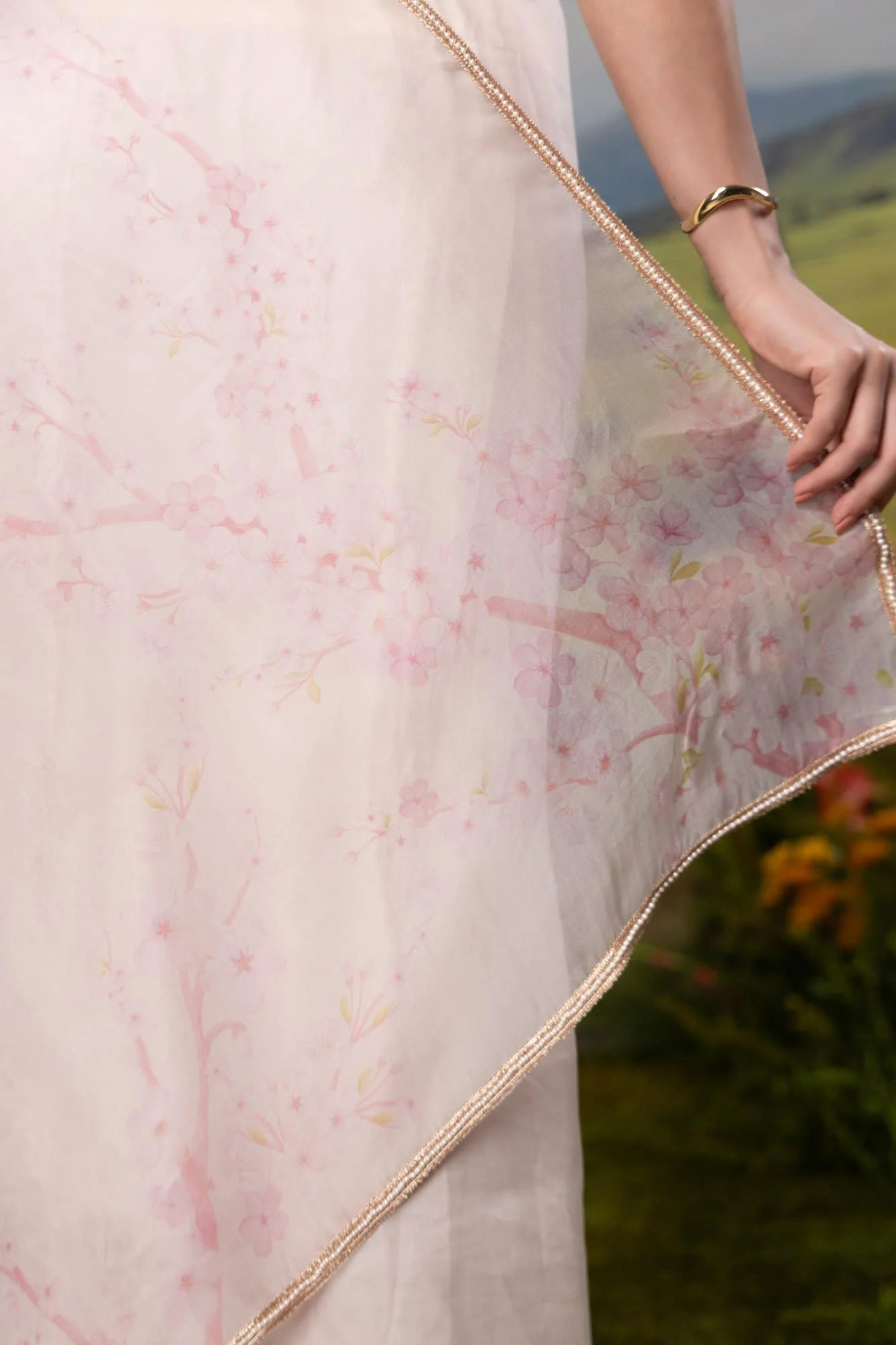 Sakura Shower-Off White Pure Organza Silk Saree - Image 5