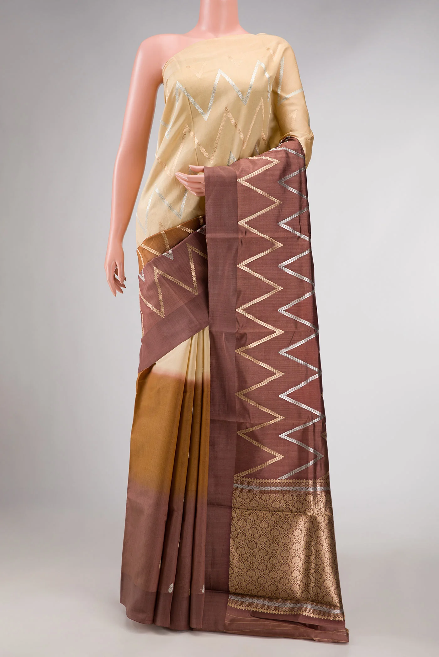 Sandal and Brown Color Tussar Silk Saree