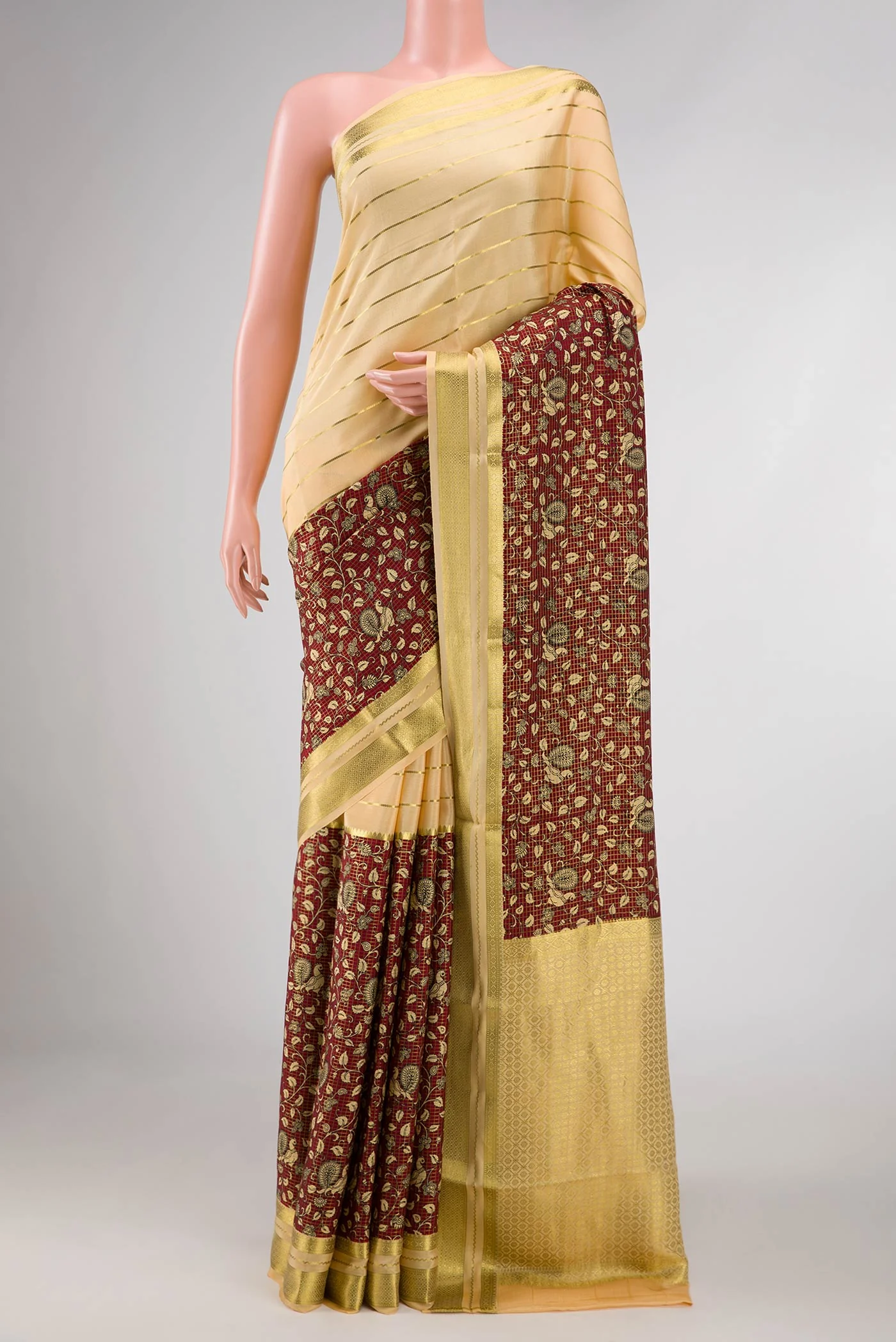 Sandal and Maroon Color Mysore Crepe Saree