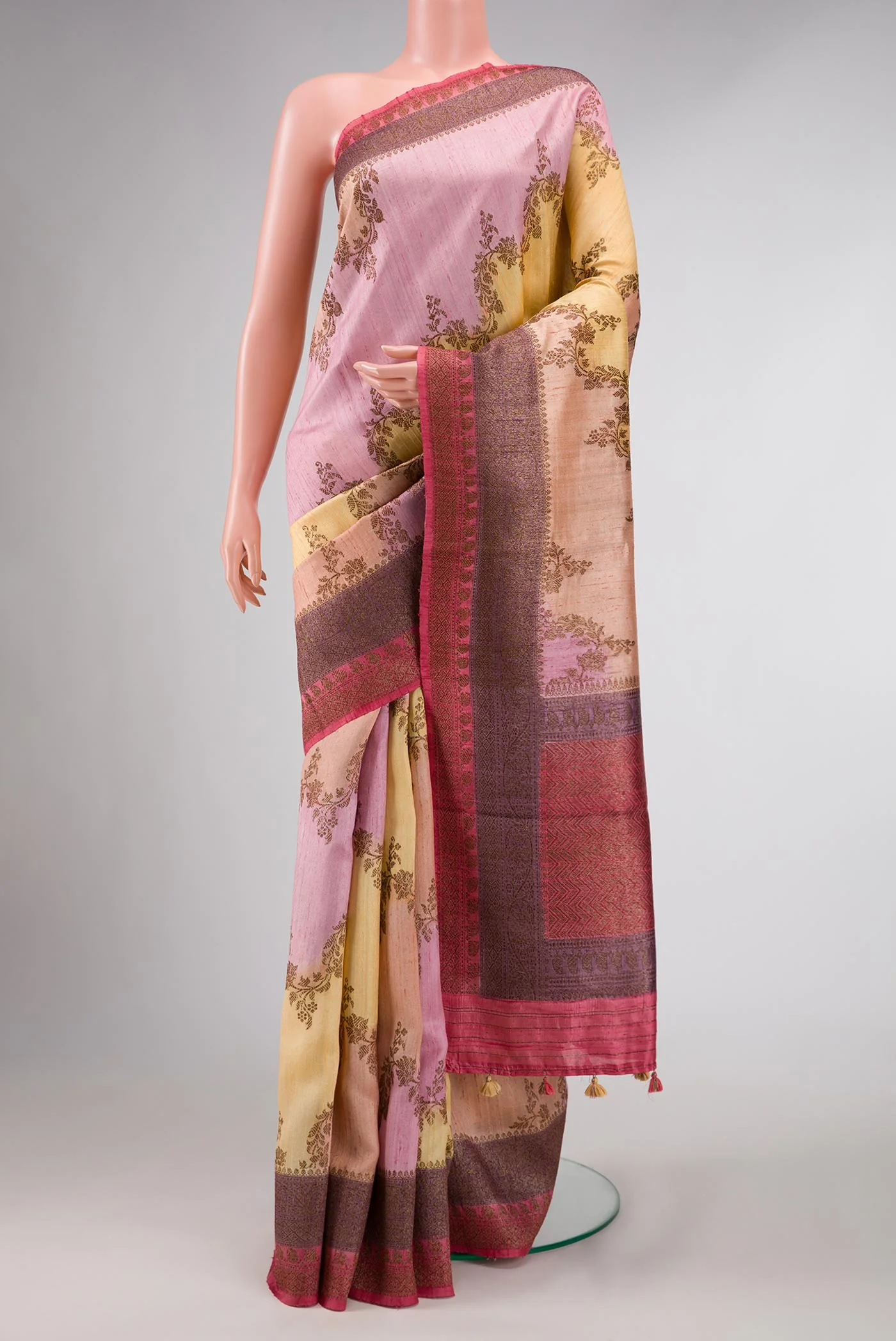 Sandal and Pink Color Raw Silk Saree