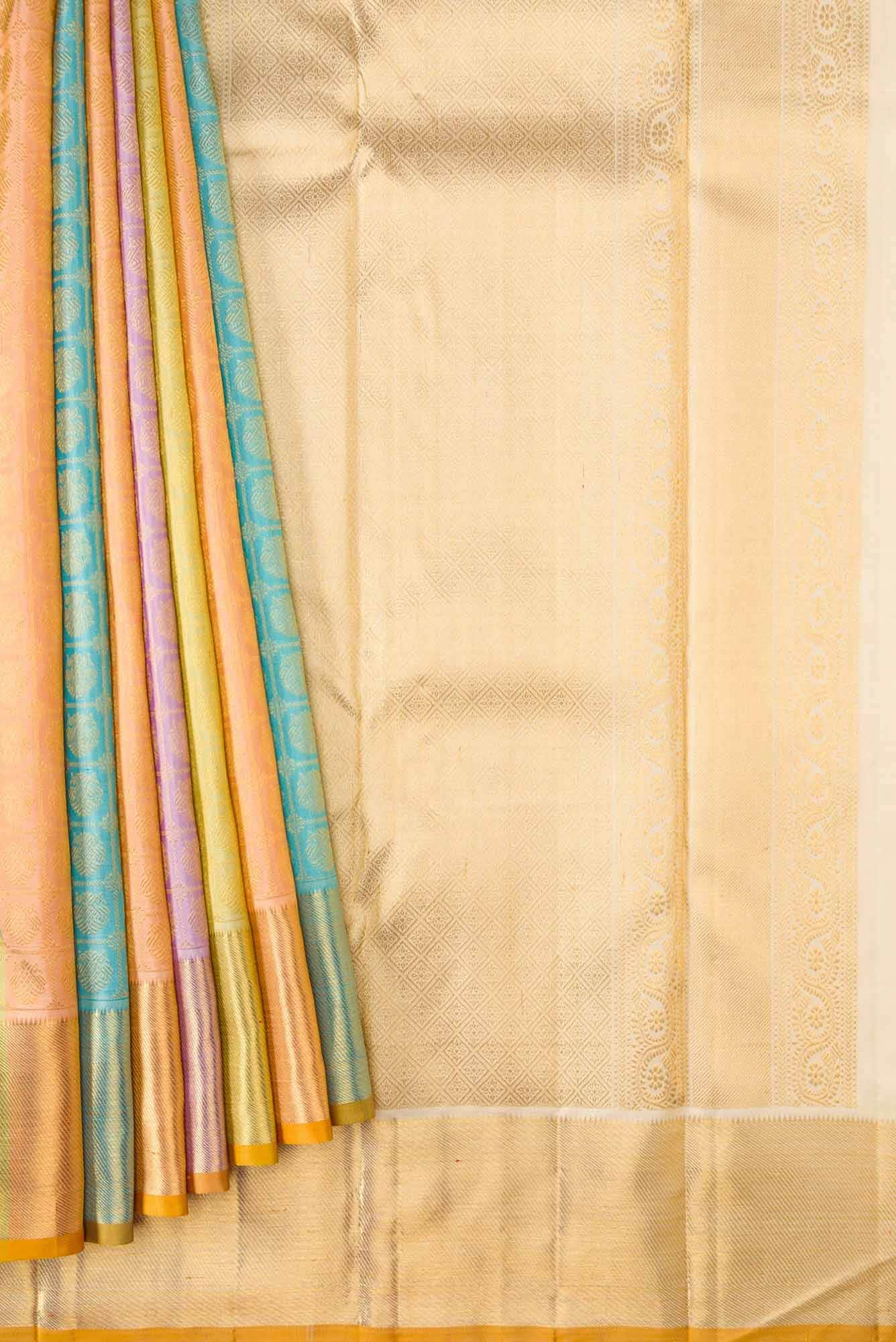 Pure Silk Pure Zari Sandal, Peach, Blue and Pista Green Dual Tone Kanjivaram Saree - Image 2