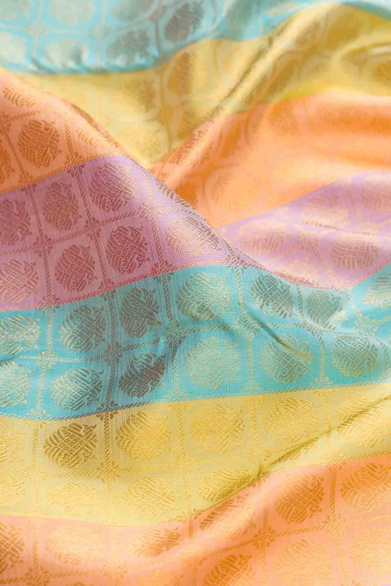 Pure Silk Pure Zari Sandal, Peach, Blue and Pista Green Dual Tone Kanjivaram Saree - Image 3