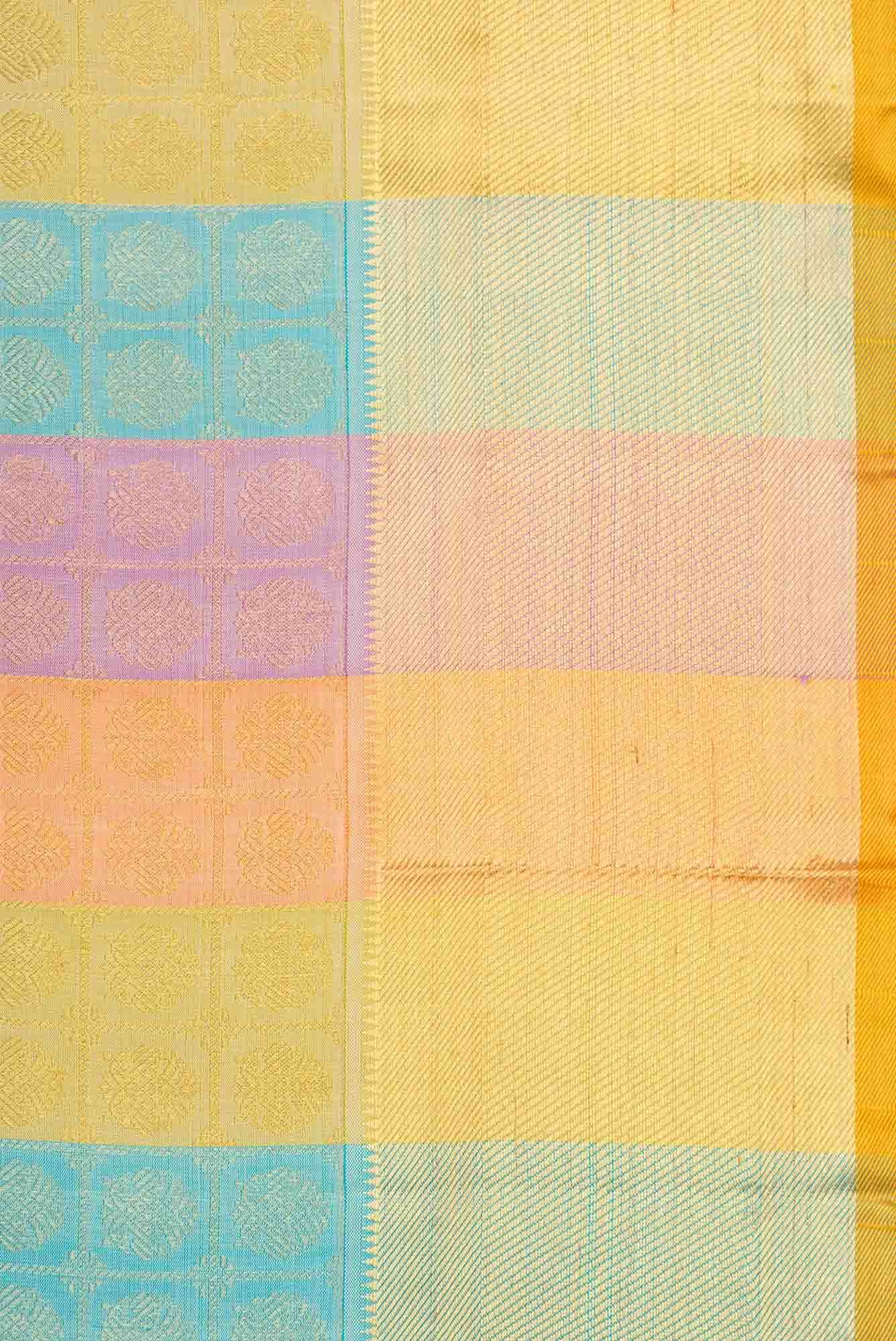 Pure Silk Pure Zari Sandal, Peach, Blue and Pista Green Dual Tone Kanjivaram Saree - Image 5