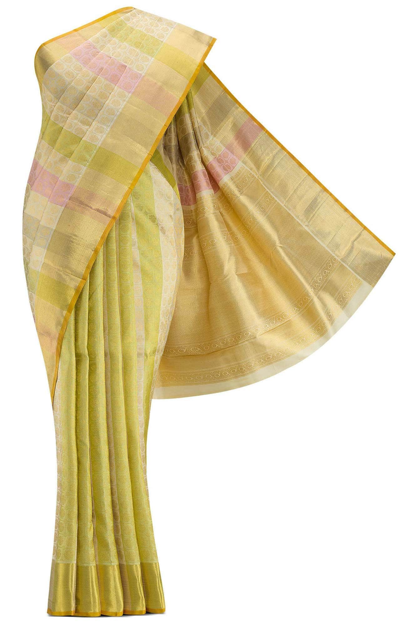 Pure Silk Pure Zari Sandal, Green and Grey Dual Tone Kanjivaram Saree
