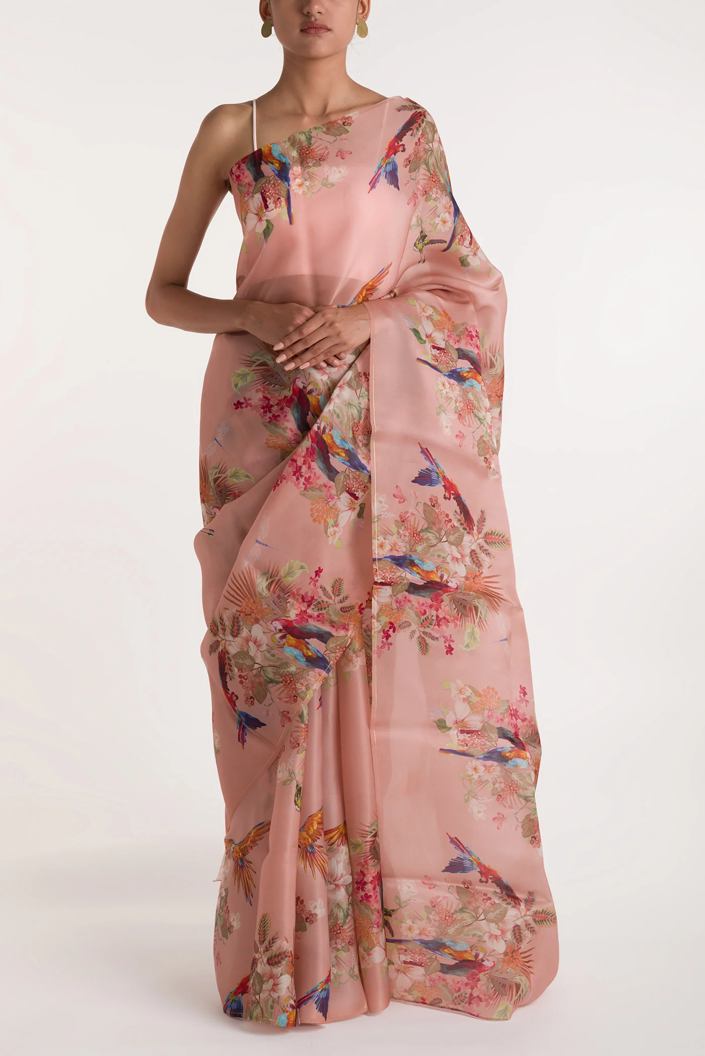 Scarlet Macaws-Peach Satin Organza Saree