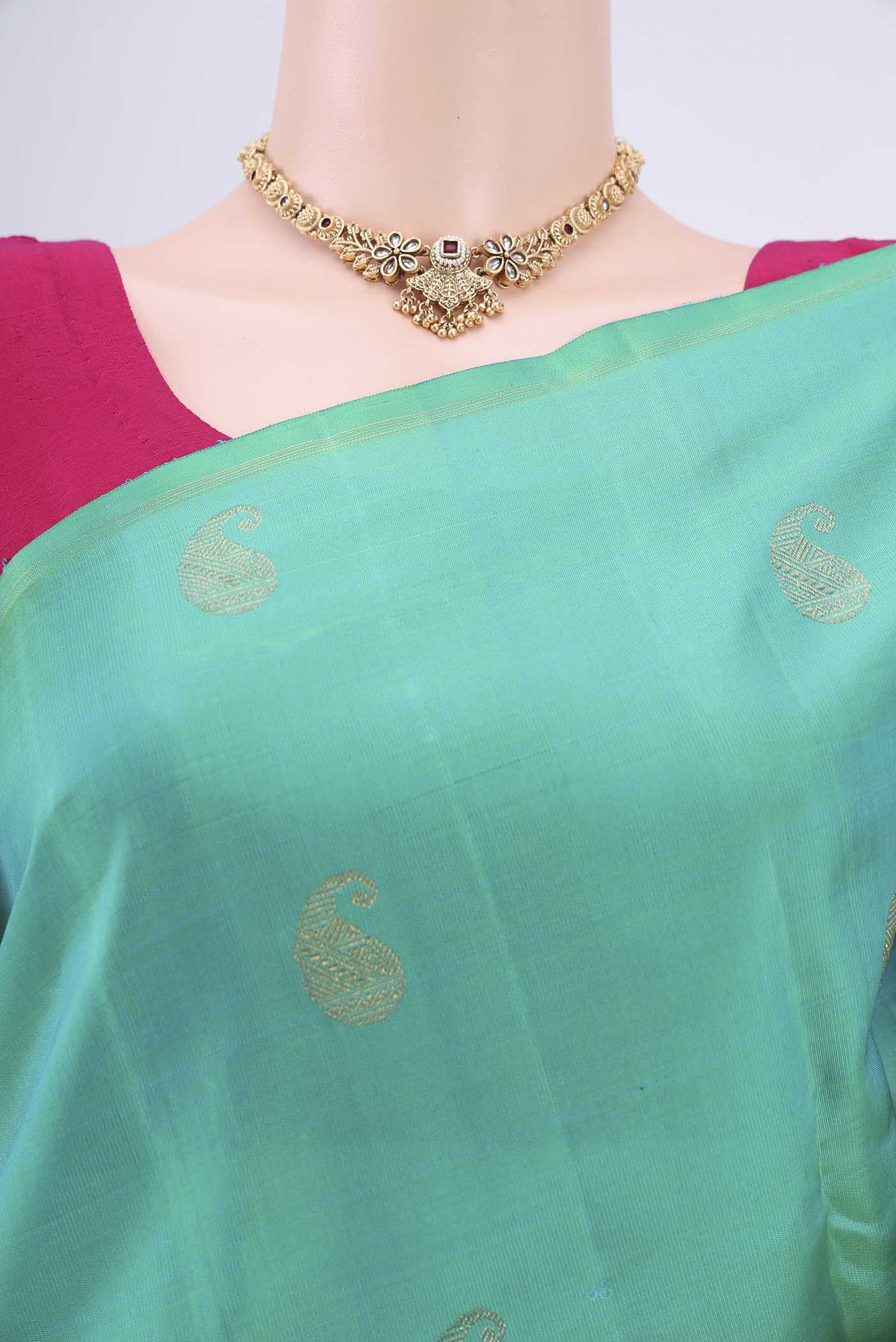 Pure Silk Pure Zari Turquoise Kanchipuram Saree - Image 2