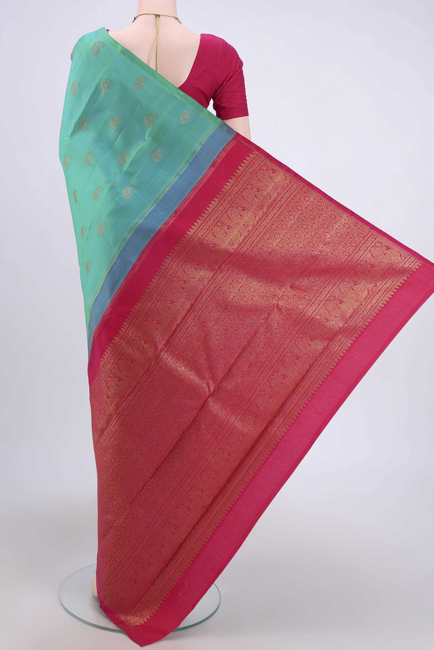 Pure Silk Pure Zari Turquoise Kanchipuram Saree - Image 3