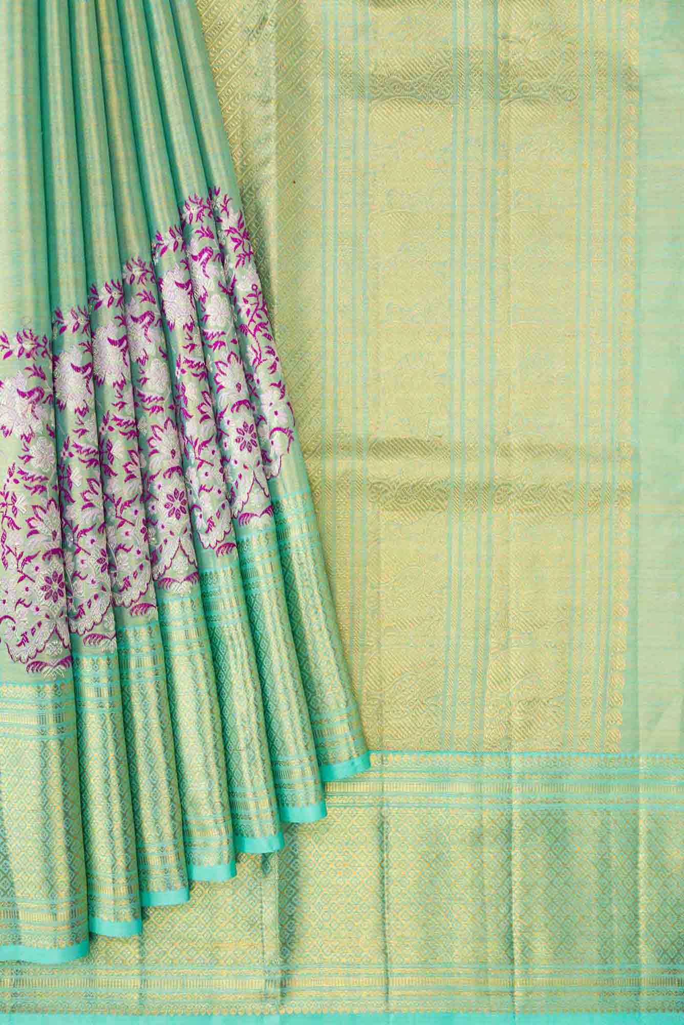Sea Green Dual Tone Kanjivaram Tissue Silk Saree - Image 2
