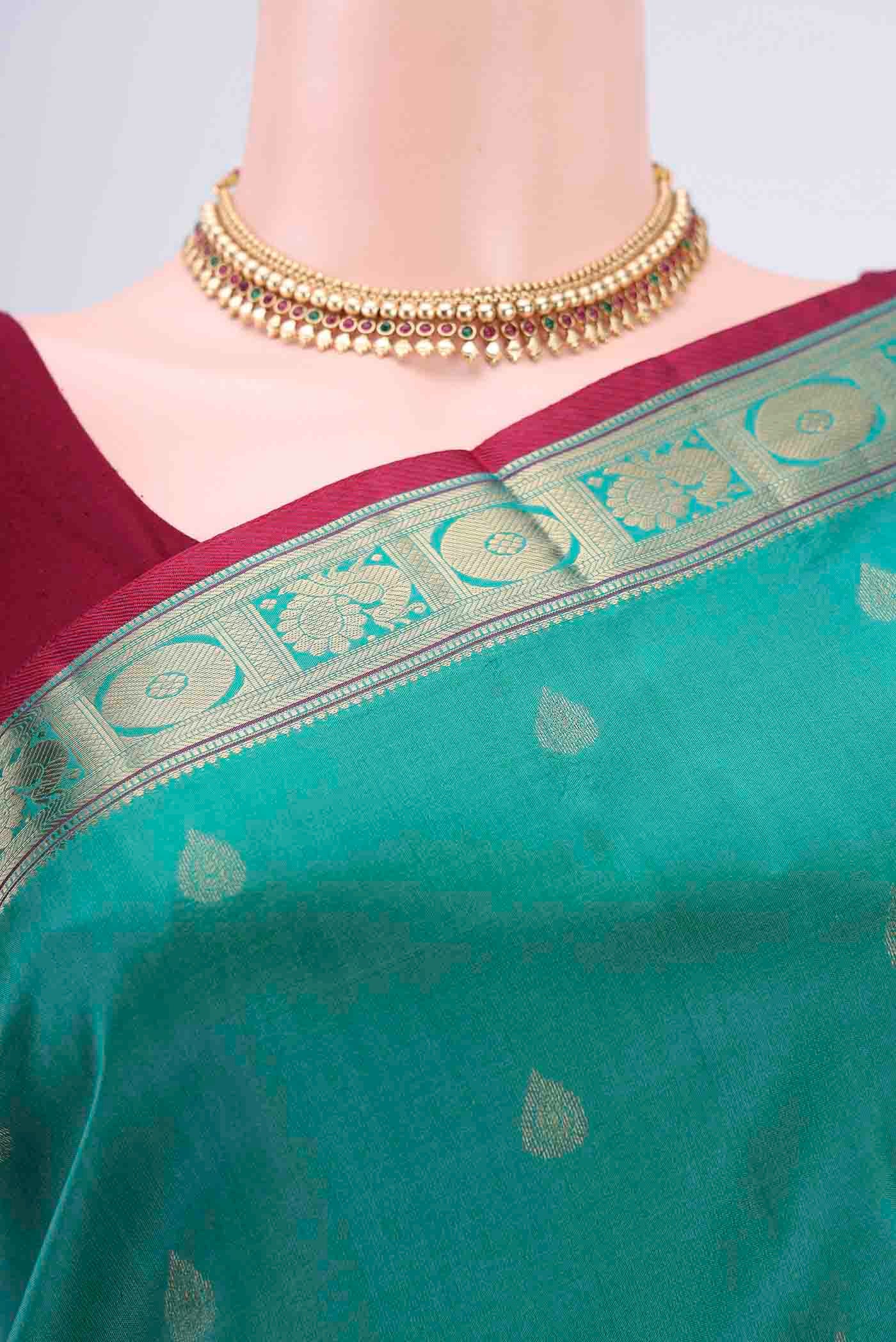 Turquoise Kanchipuram Silk Saree - Image 2