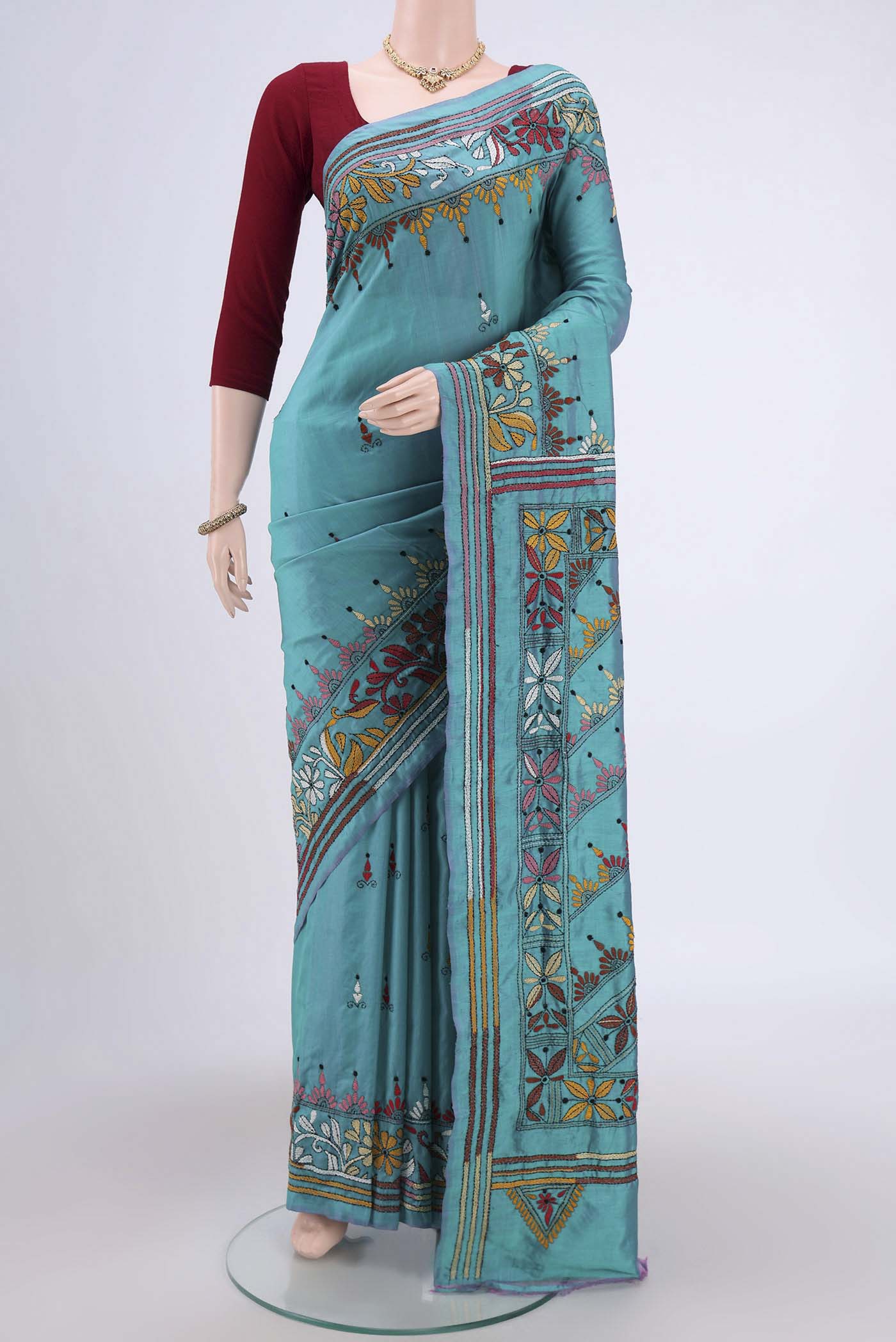Sea Green Kantha Silk Saree