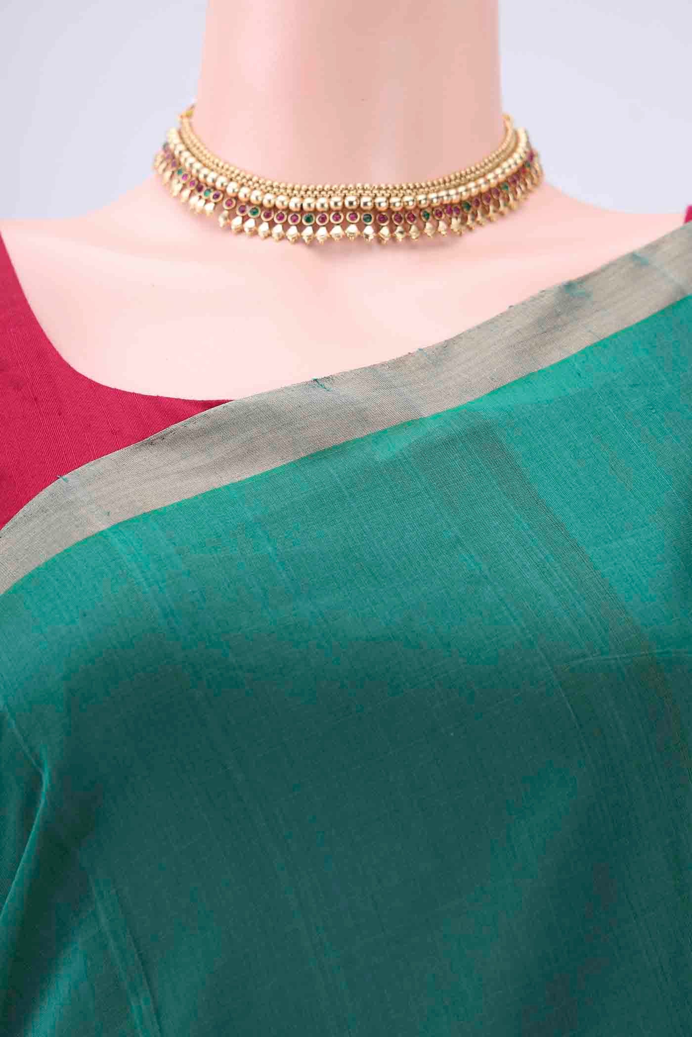 Sea Green Kora Cotton Saree - Image 2