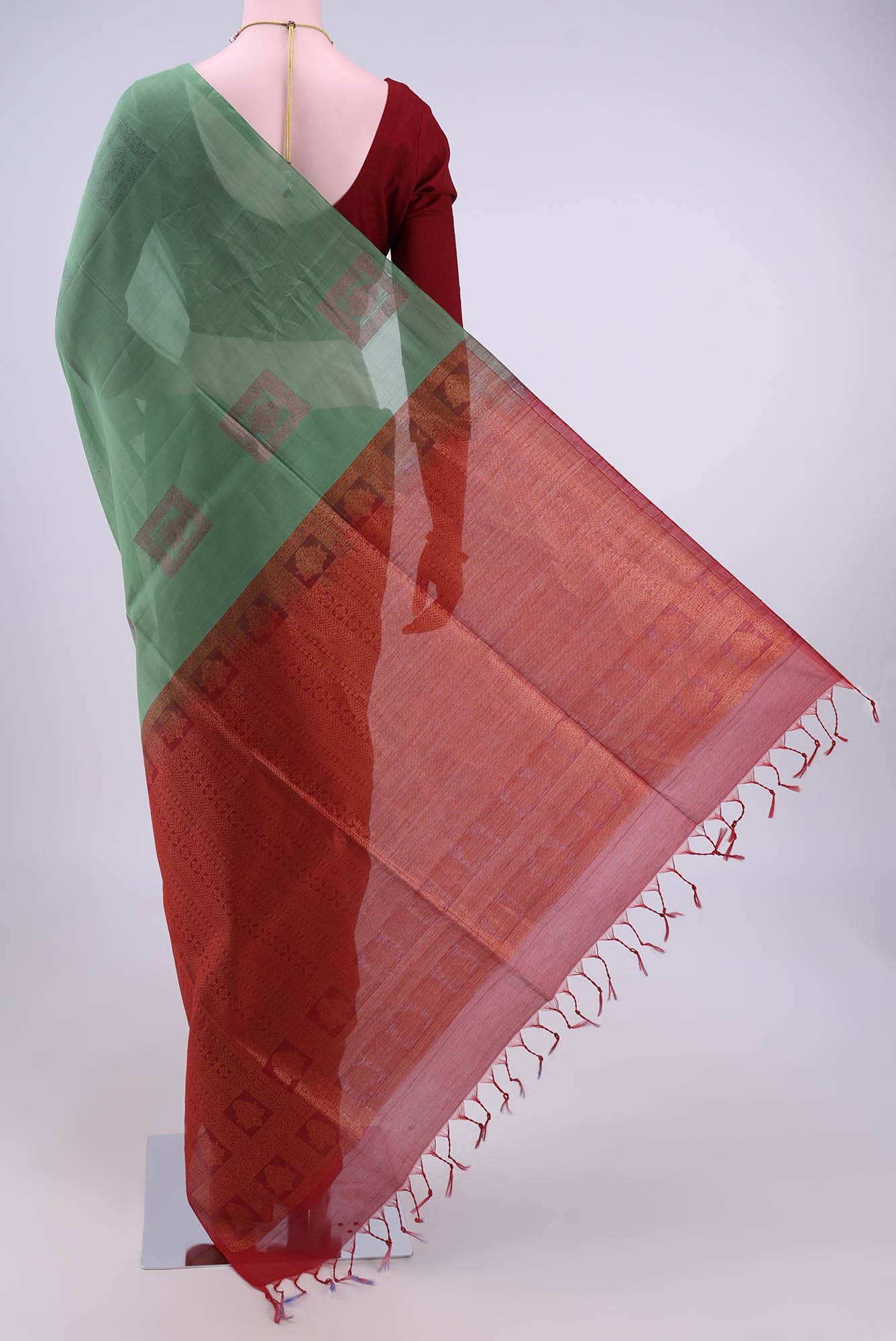 Sea Green Kora Cotton Saree - Image 2
