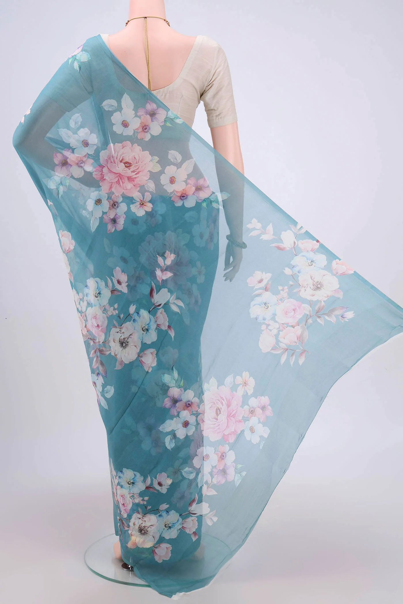 Blue Grey Mysore Chiffon Saree - Image 3