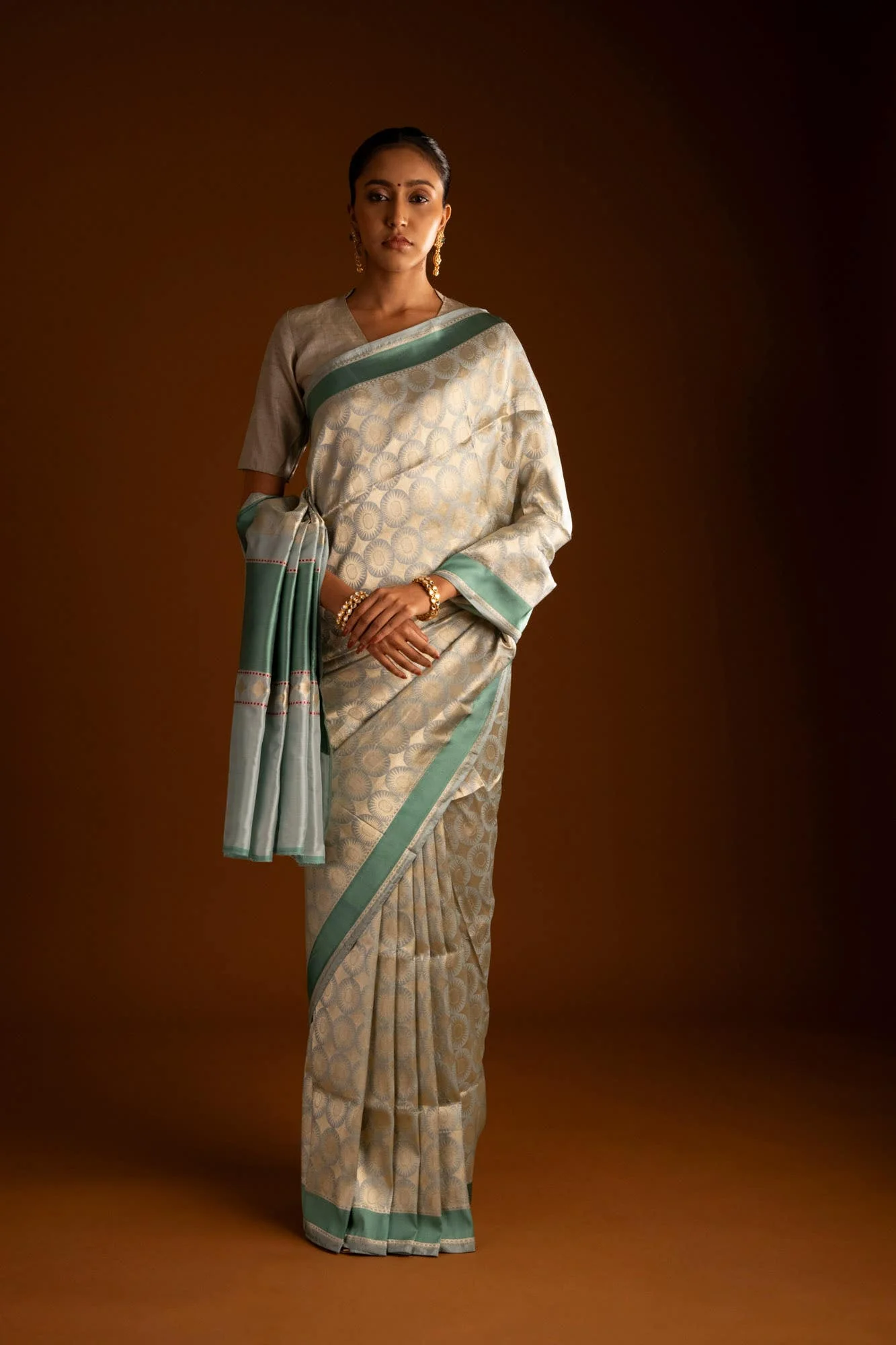 Shimmer Soleil-Sage Green Banarasi Silk Saree - Image 2