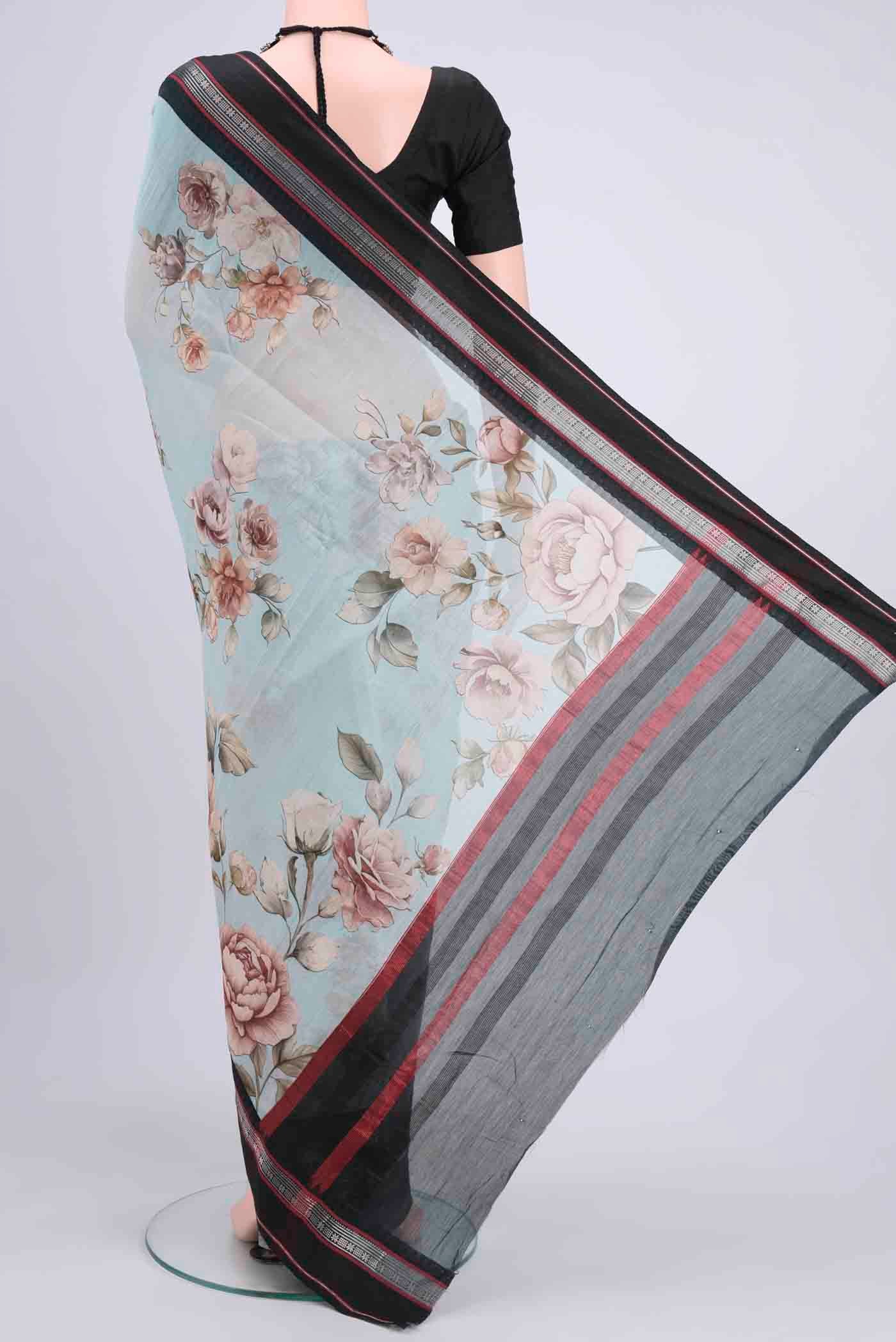 Sky Blue Chanderi Silk Cotton Saree - Image 3