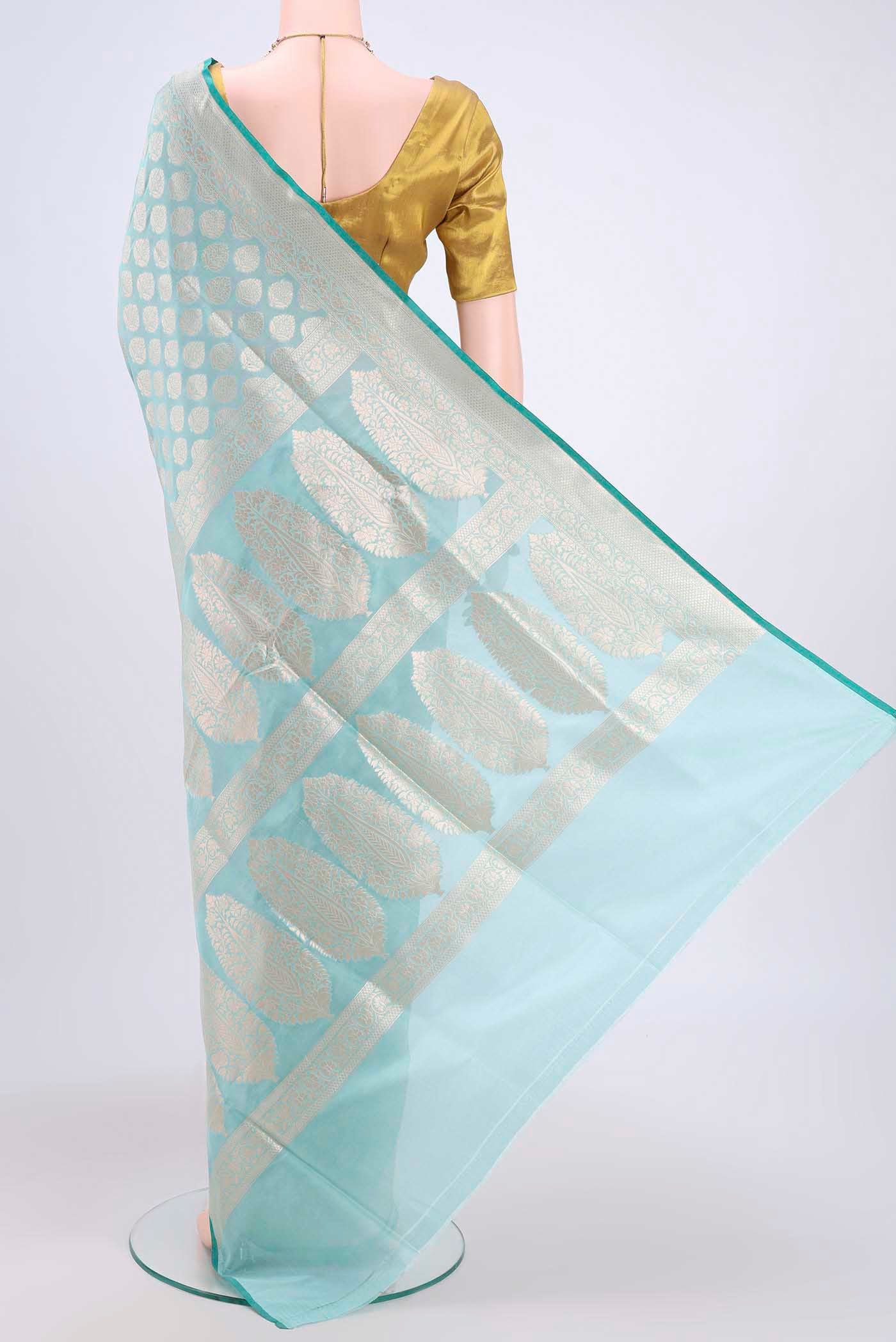Sky Blue Dual Tone Banarasi Silk Saree - Image 3